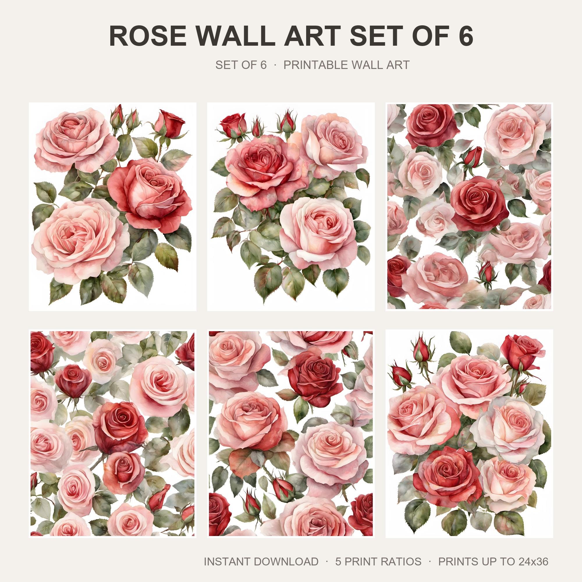 Rose Wall Art Set of 6 | Watercolor Floral Printable Wall Art | Vintage Romantic Pink Prin