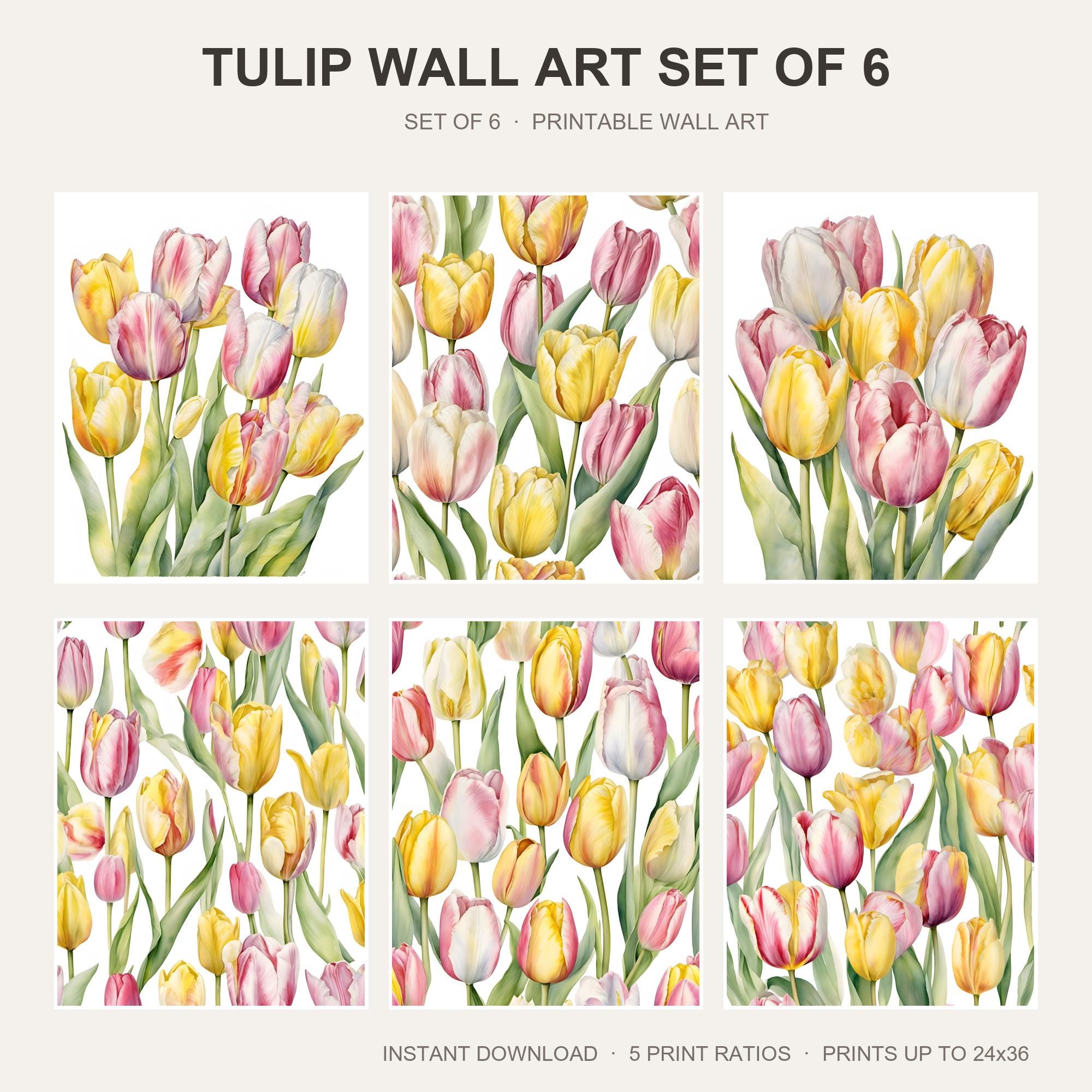 Tulip Wall Art Set of 6 | Watercolor Floral Printable Wall Art | Pastel Spring Flower Prin
