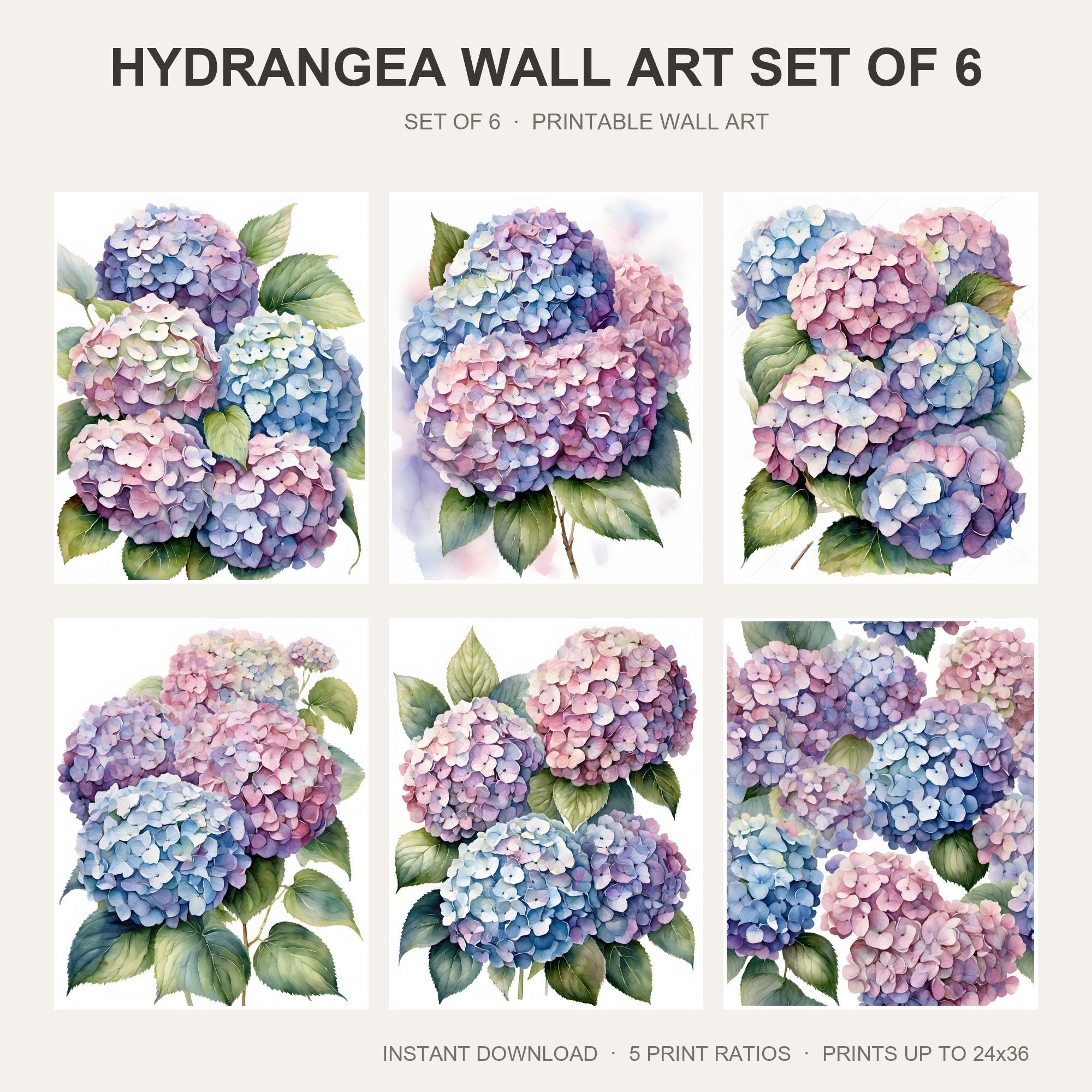 Hydrangea Wall Art Set of 6 | Watercolor Floral Printable Wall Art | Blue Cottage Flower P