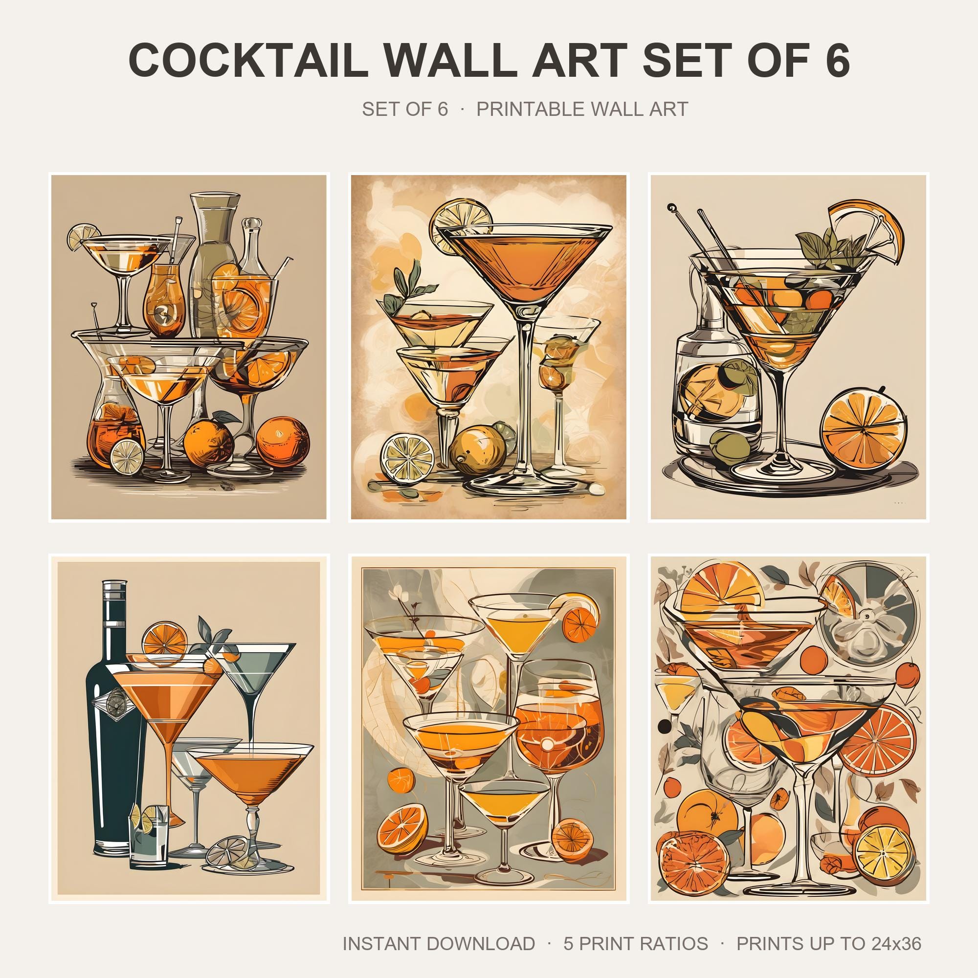 Cocktail Wall Art Set of 6 | Vintage Bar Printable Wall Art | Retro Bar Cart Glam Prints |