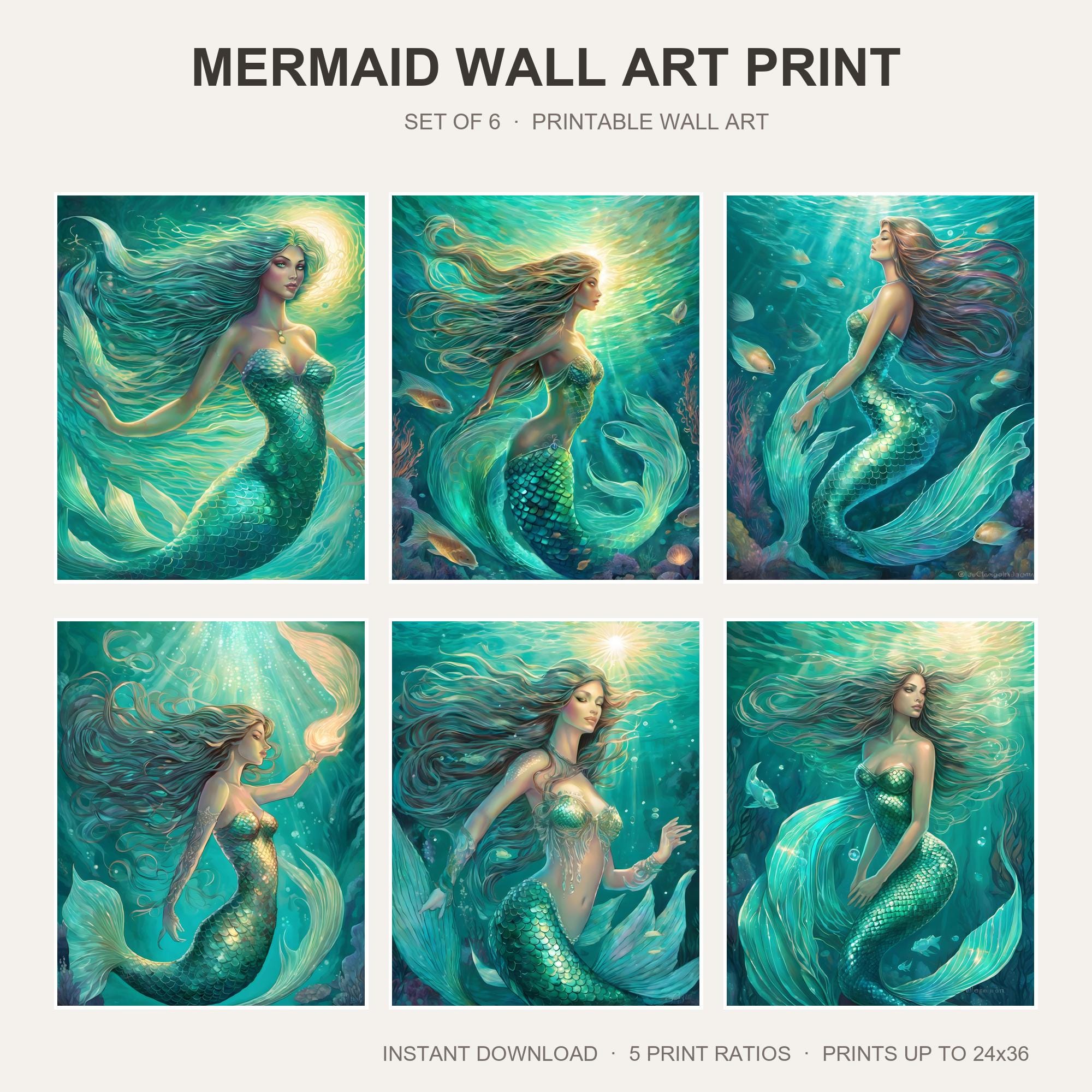 Mermaid Wall Art Print | Set of 6 Fantasy Siren Prints | Mythical Ocean Decor | Ethereal M