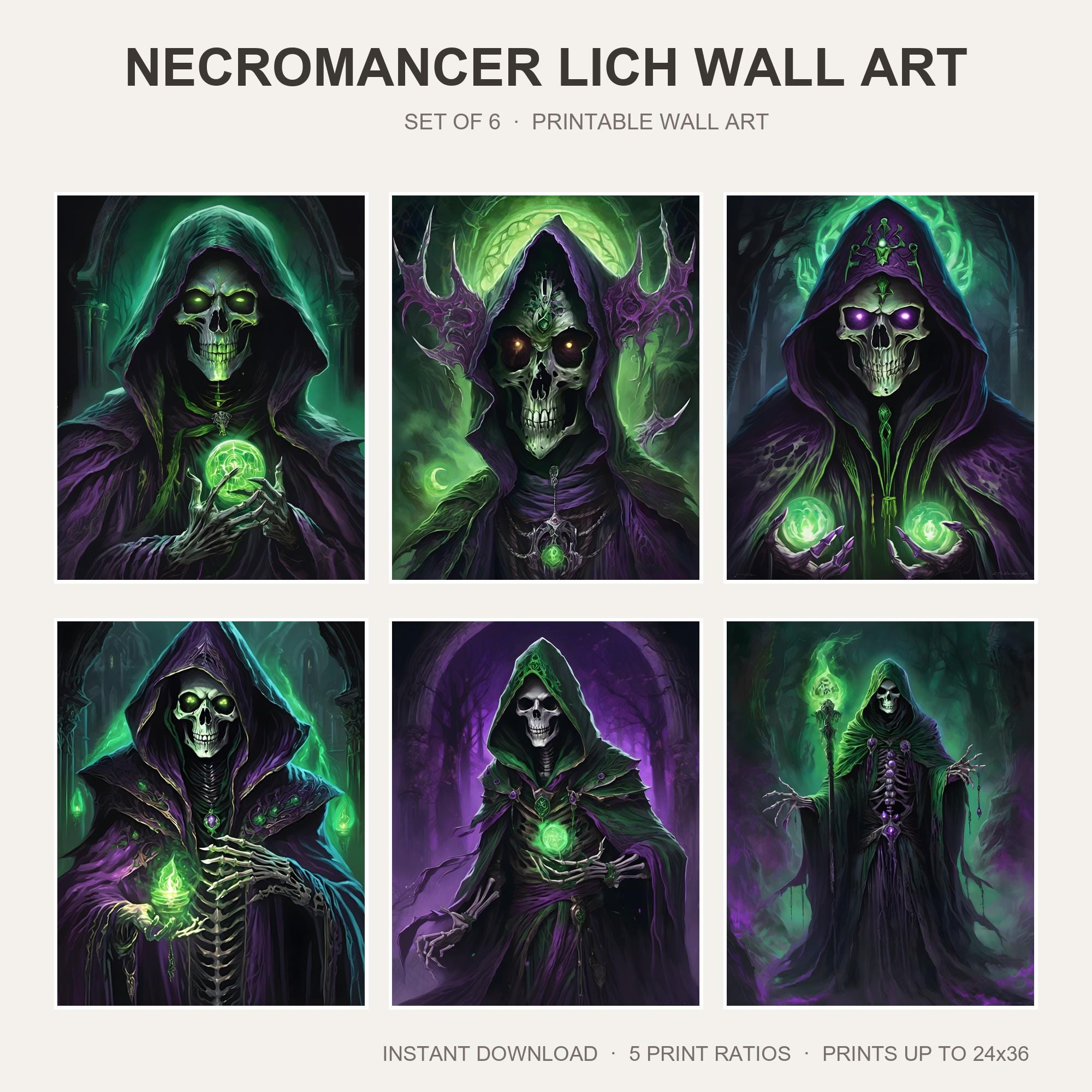 Necromancer Lich Wall Art | Set of 6 Dark Fantasy Prints | Undead Sorcerer Decor | Gothic