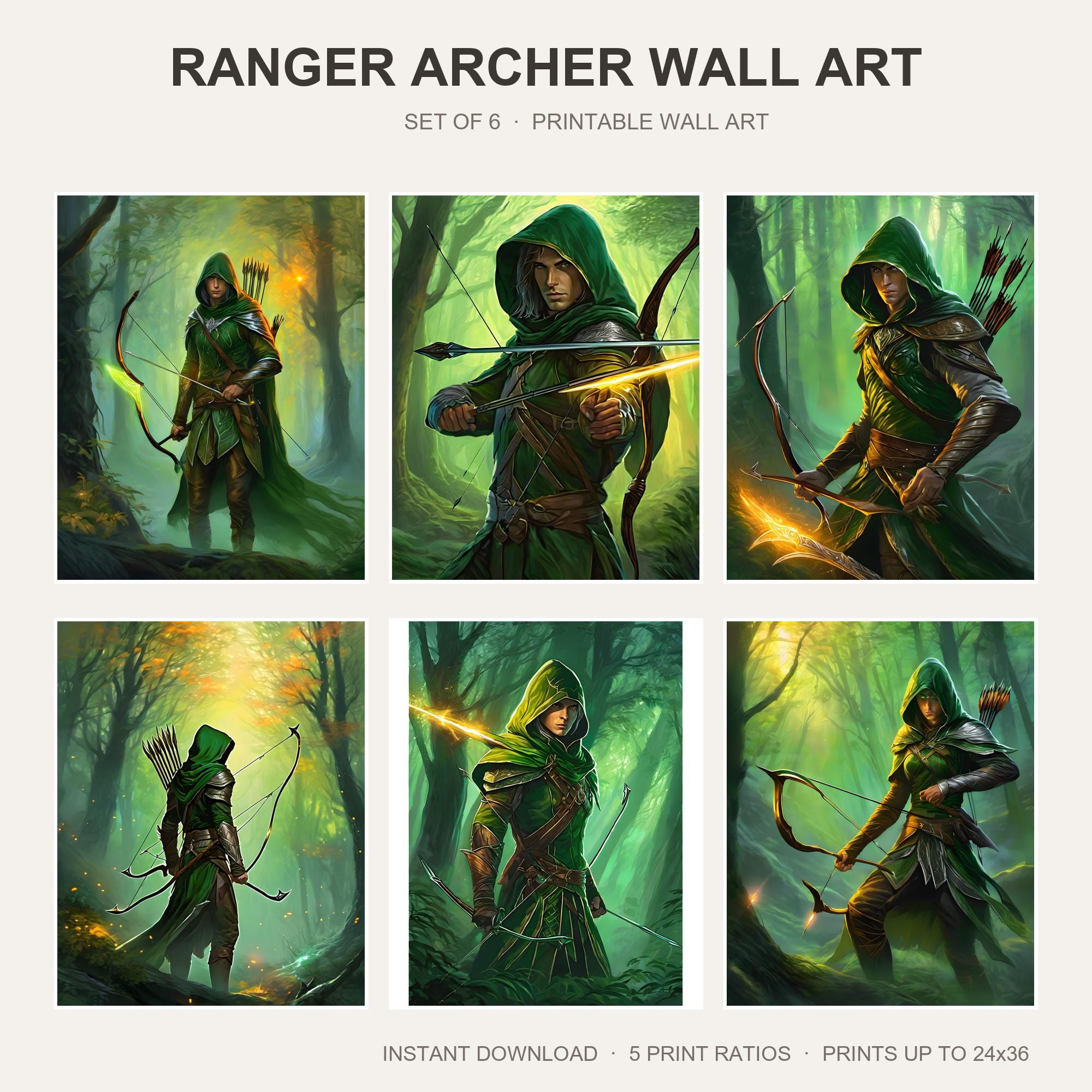 Ranger Archer Wall Art | Set of 6 Fantasy Elf Prints | Epic Archer Decor | Gaming Room Art