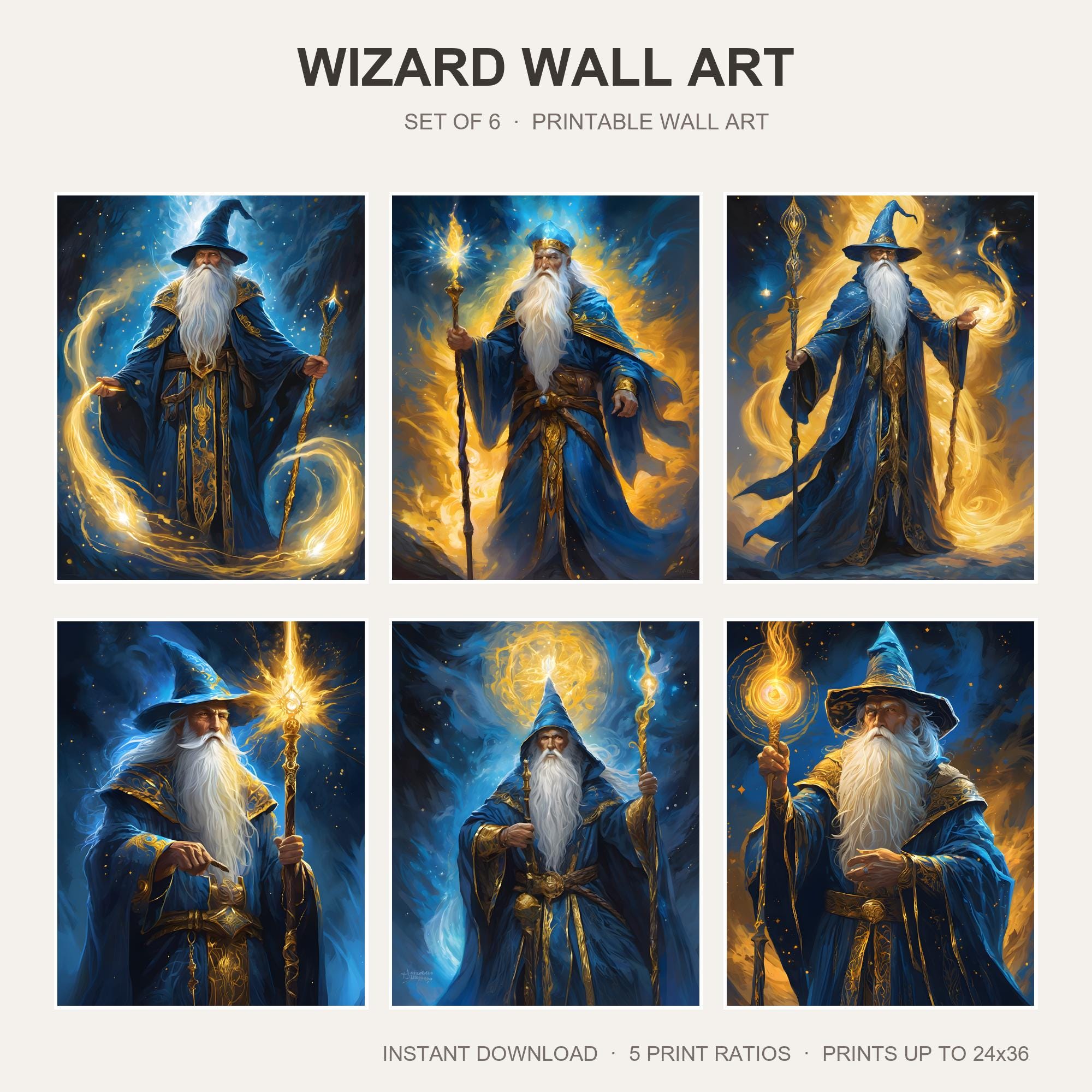 Wizard Wall Art | Set of 6 Fantasy Mage Prints | Arcane Sorcerer Decor | Gaming Room Art |