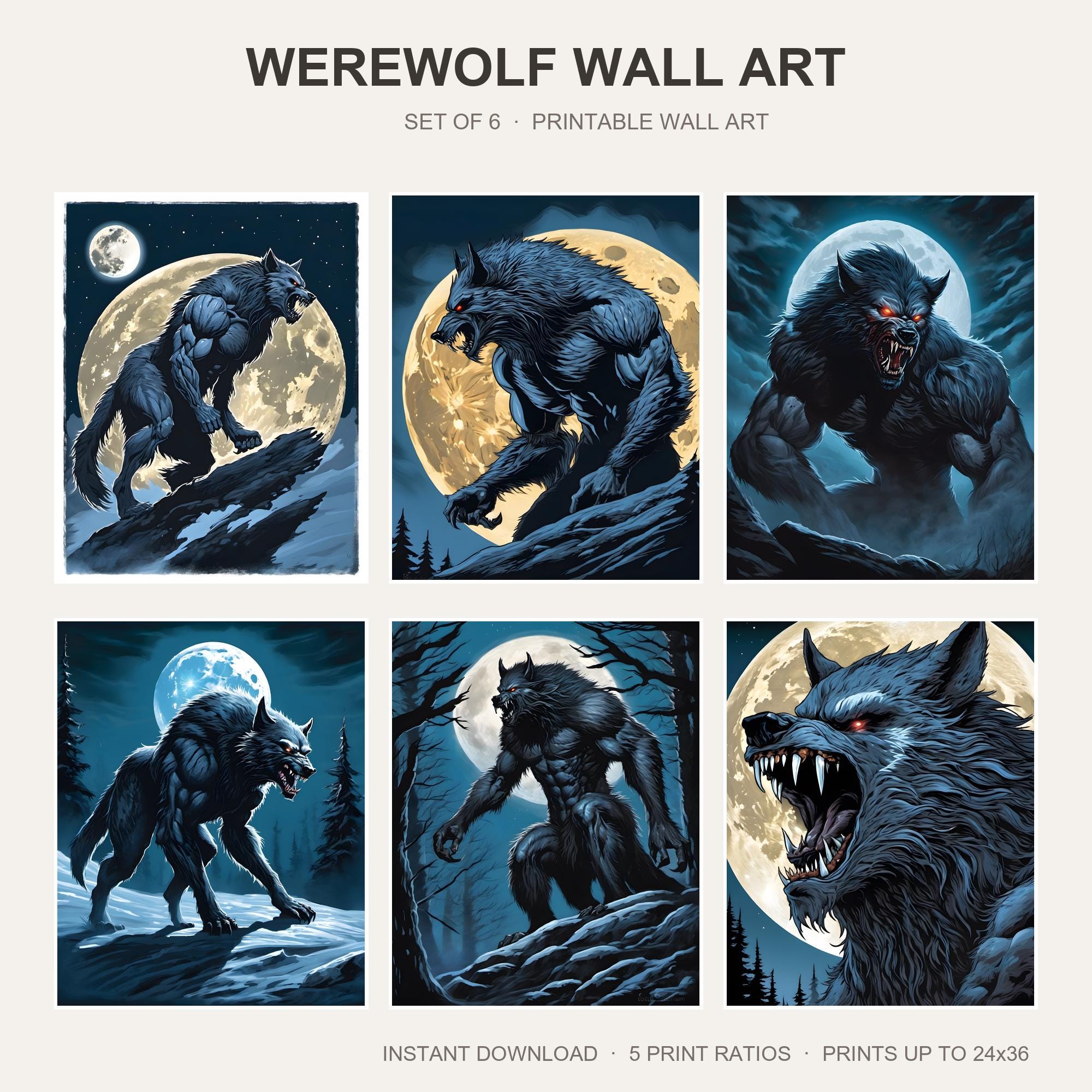 Werewolf Wall Art | Set of 6 Dark Fantasy Prints | Gothic Monster Decor | Horror Gaming Ro