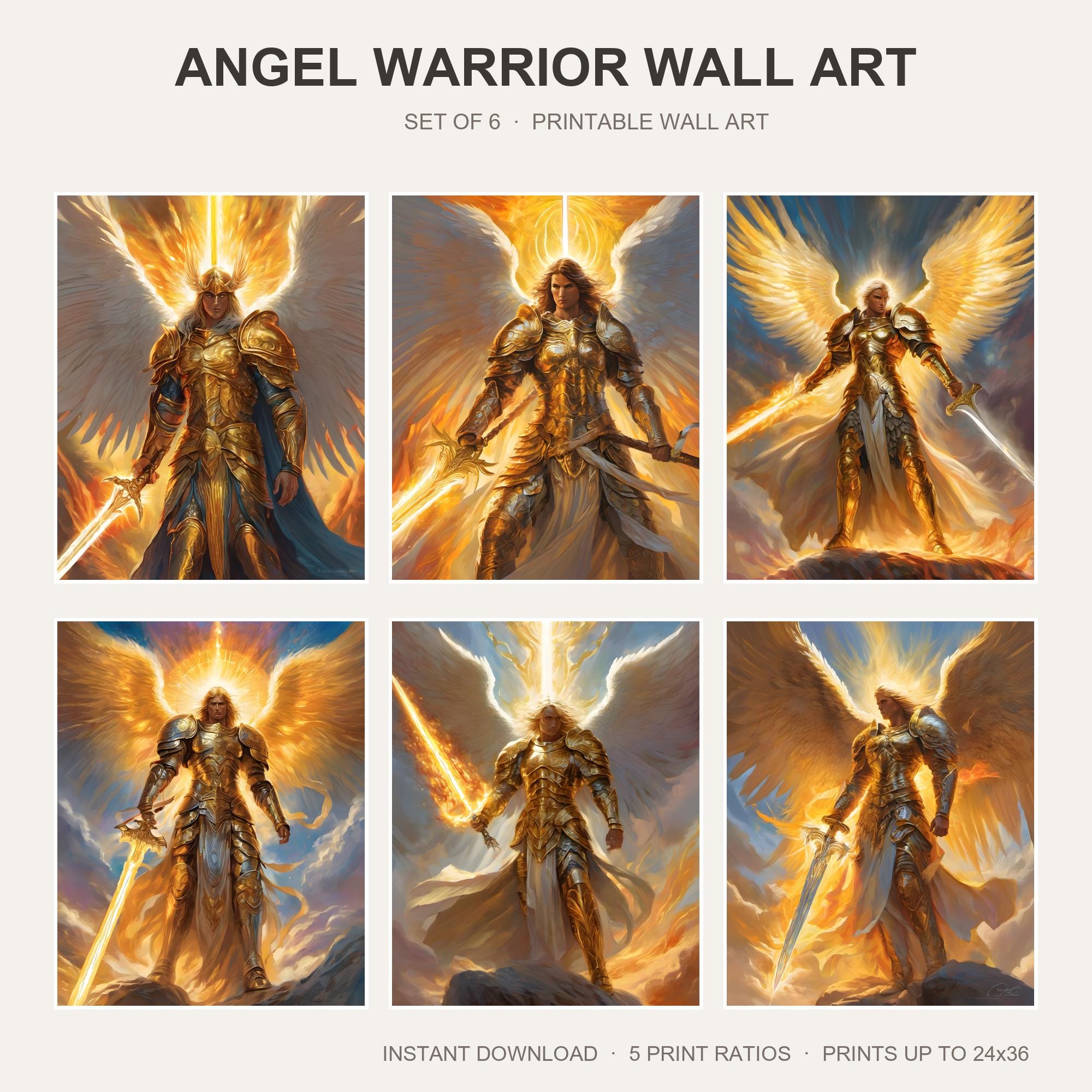 Angel Warrior Wall Art | Set of 6 Fantasy Archangel Prints | Divine Warrior Decor | Gaming