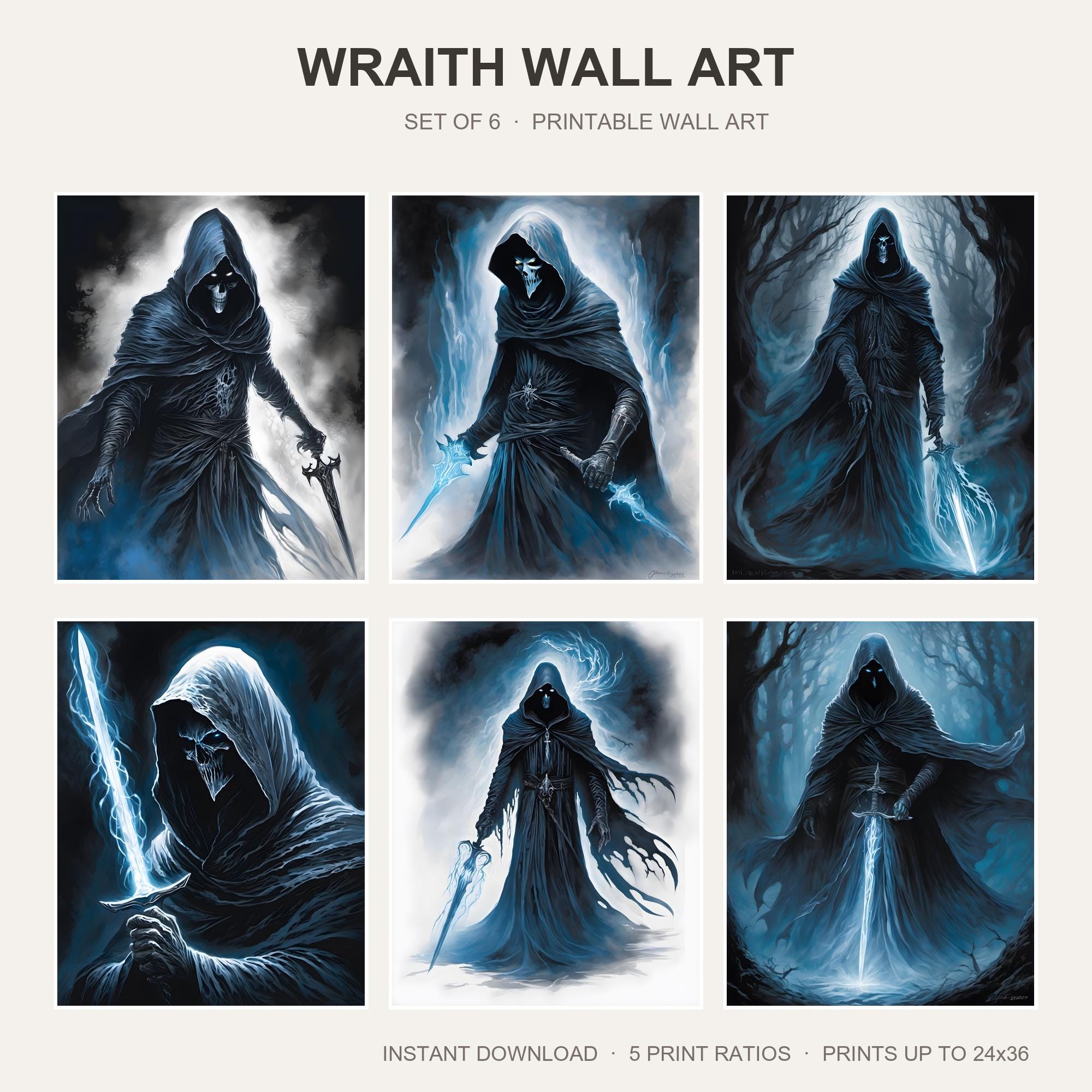Wraith Wall Art | Set of 6 Dark Fantasy Prints | Ghost Specter Decor | Gothic Gaming Room
