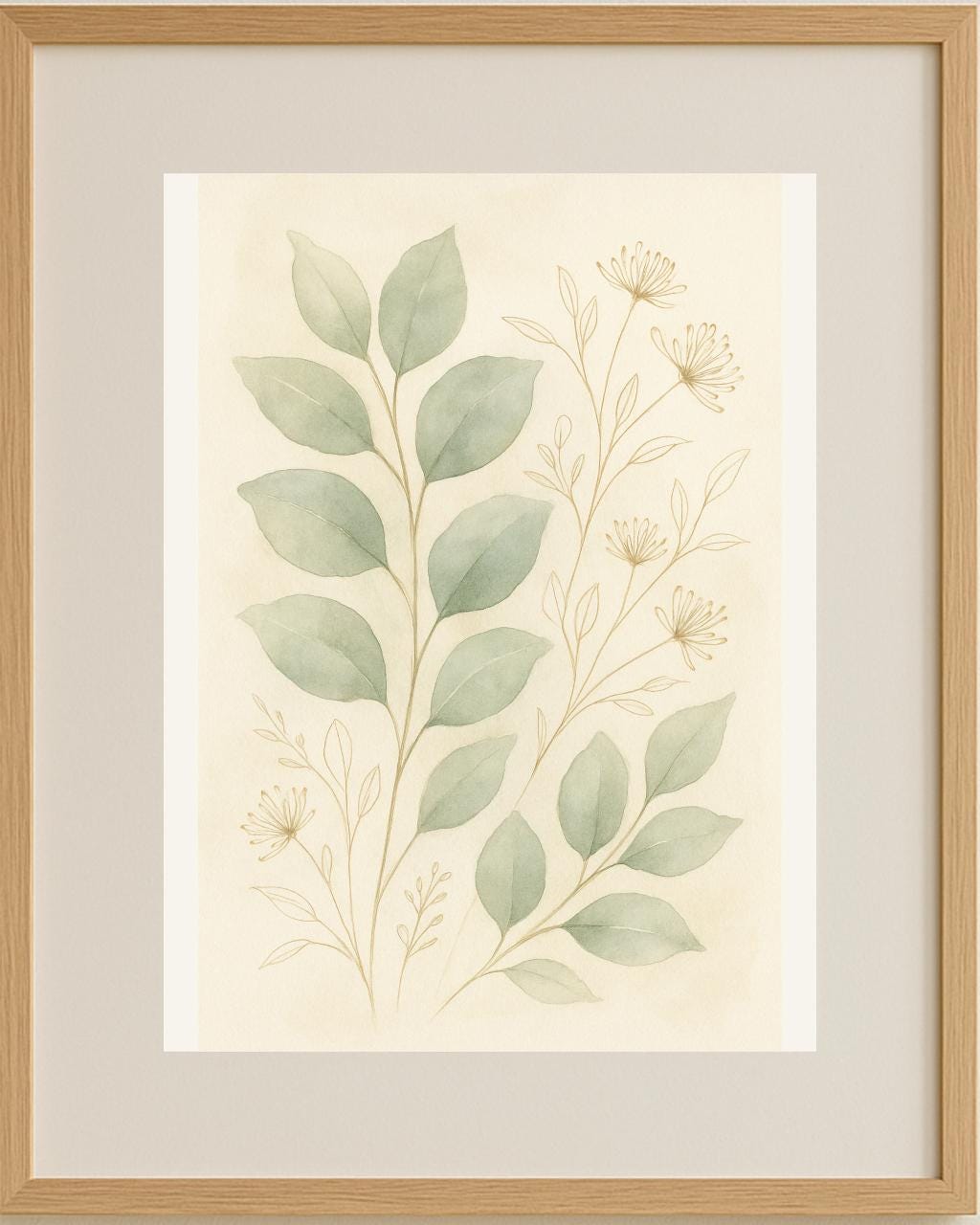 Boho Botanical Illustrative Art Print - Muted Sage & Cream Wall Art