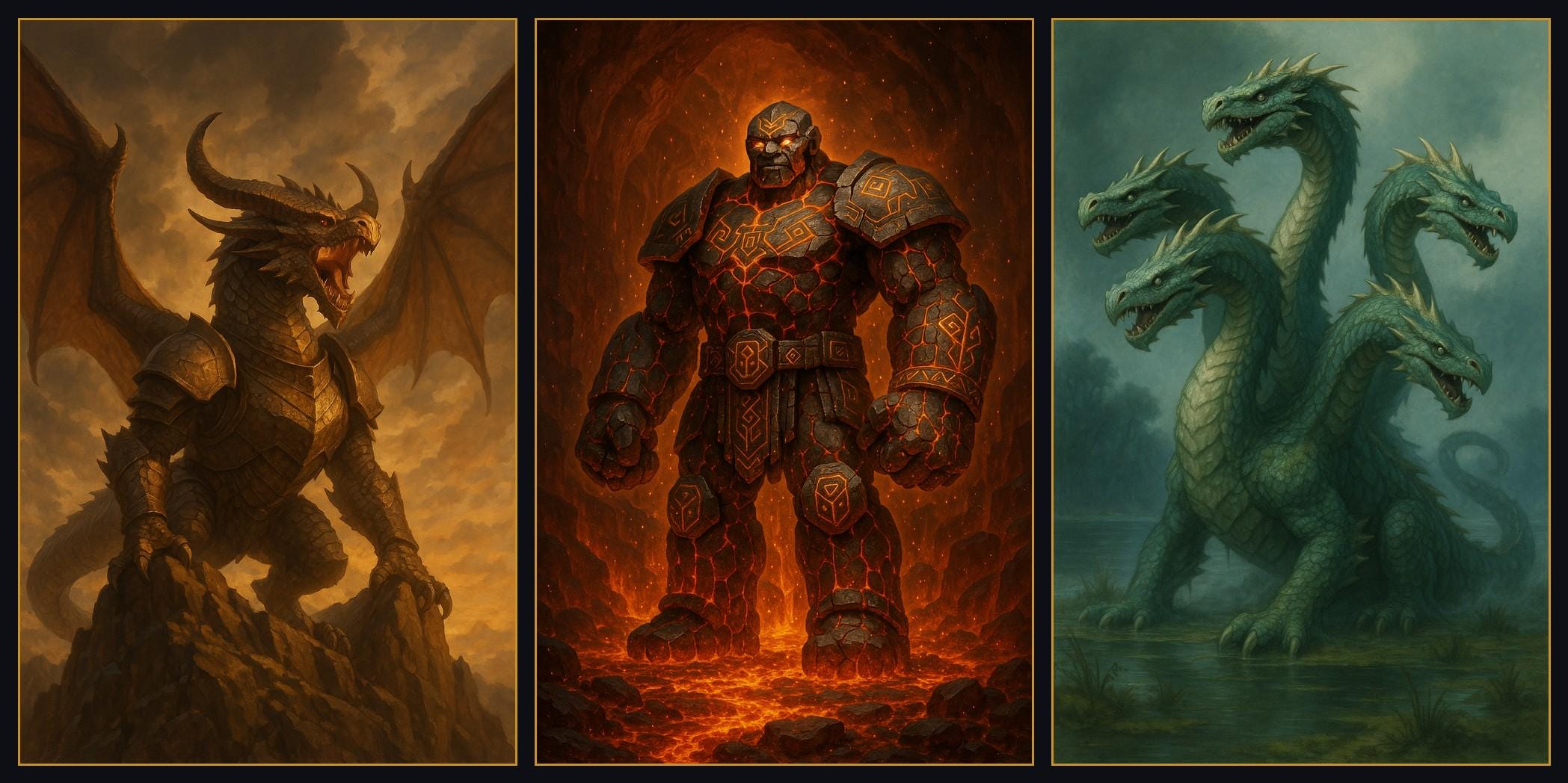 Fantasy Monster Wall Art Printable, Tabletop RPG Gallery Wall, Dragon Fire Golem Hydra Prints, Dungeon Master Gift, Game Room Decor
