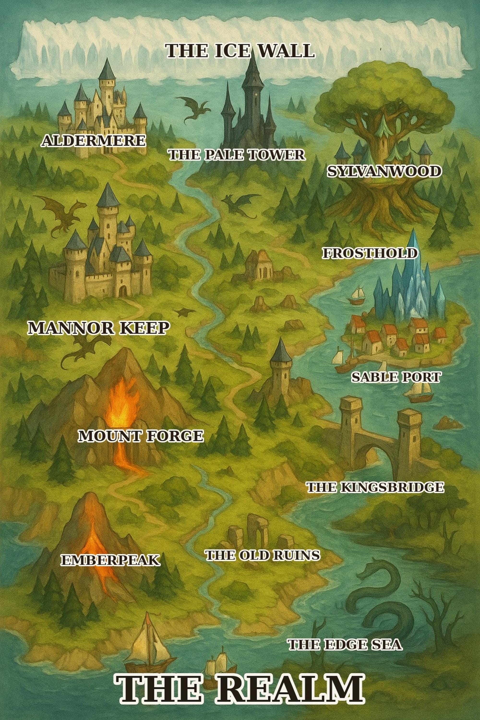 Illustrated Fantasy Map Wall Art Printable, Tabletop RPG Campaign Map Poster, Fantasy World Map with Castles and Dragons, Dungeon Master Gift