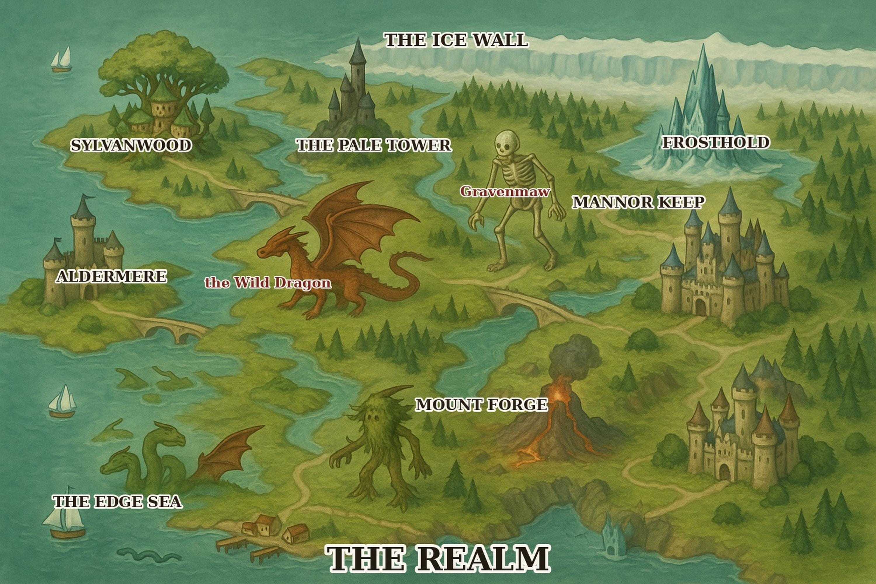 Fantasy Map Wall Art Printable with Monsters, Tabletop RPG Campaign Map Poster, Dragon and Skeleton