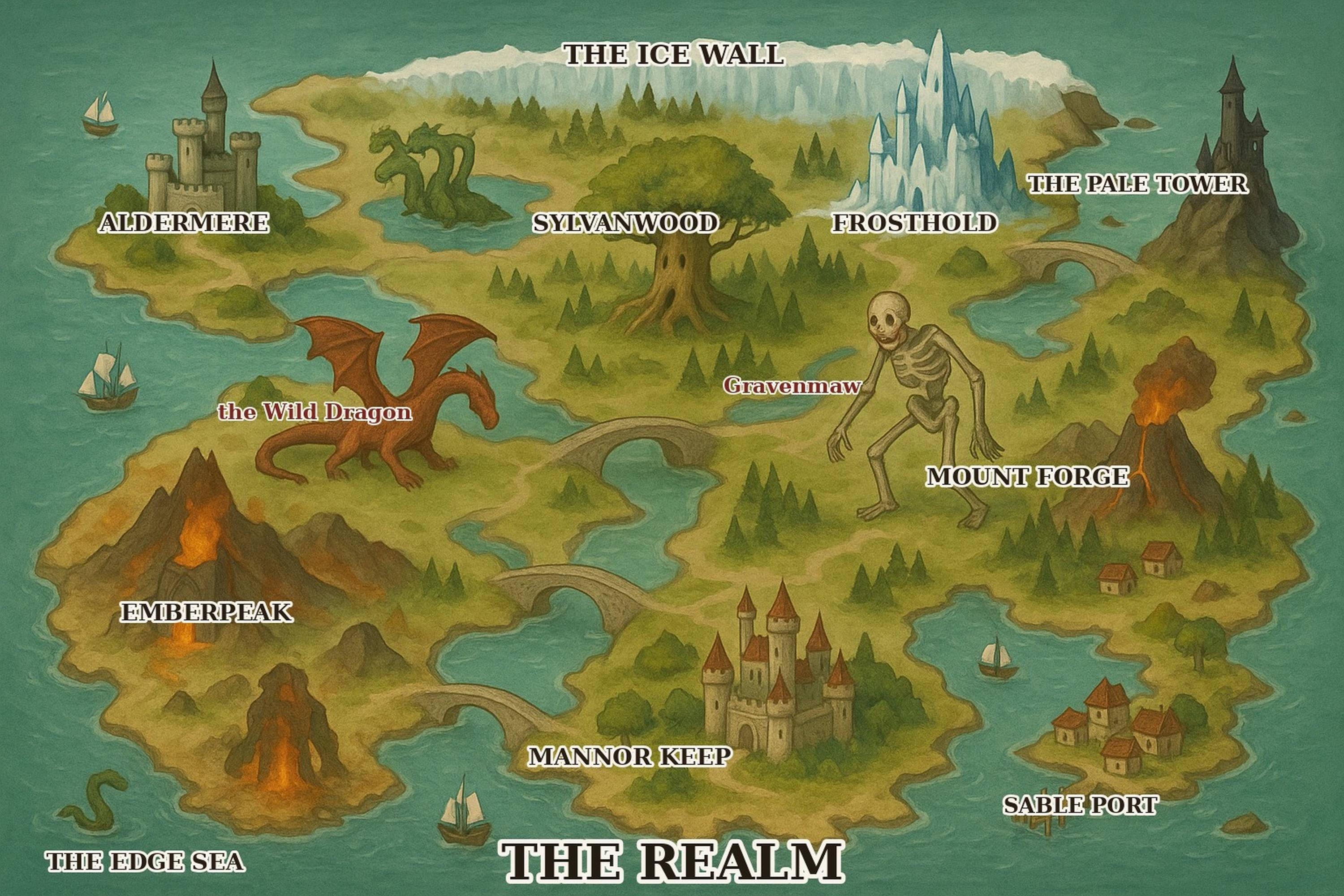 Illustrated Fantasy Map Wall Art Printable, Tabletop RPG Campaign Map with Dragons and Monsters, Fantasy World Map Poster, Dungeon Master Gift