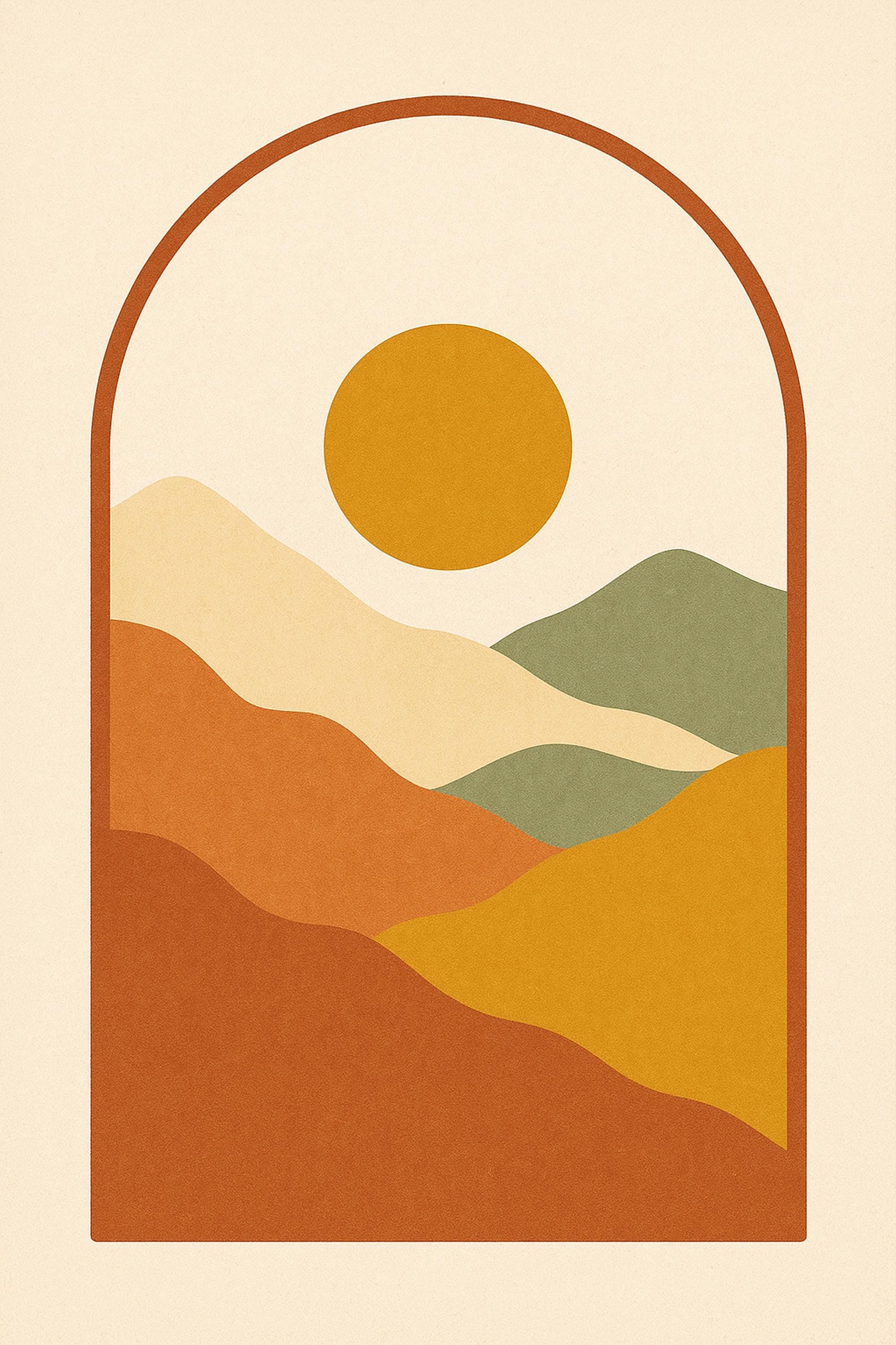 Boho Wall Art Printable, Sun Arch Desert Mountains Print, Retro 70s Decor, Terracotta Must