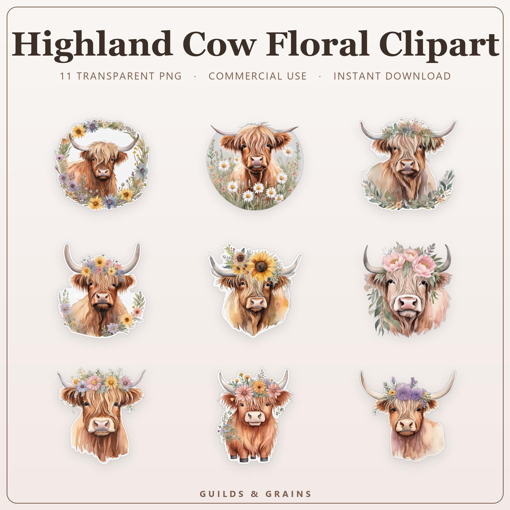 Highland Cow Floral Clipart PNG Bundle