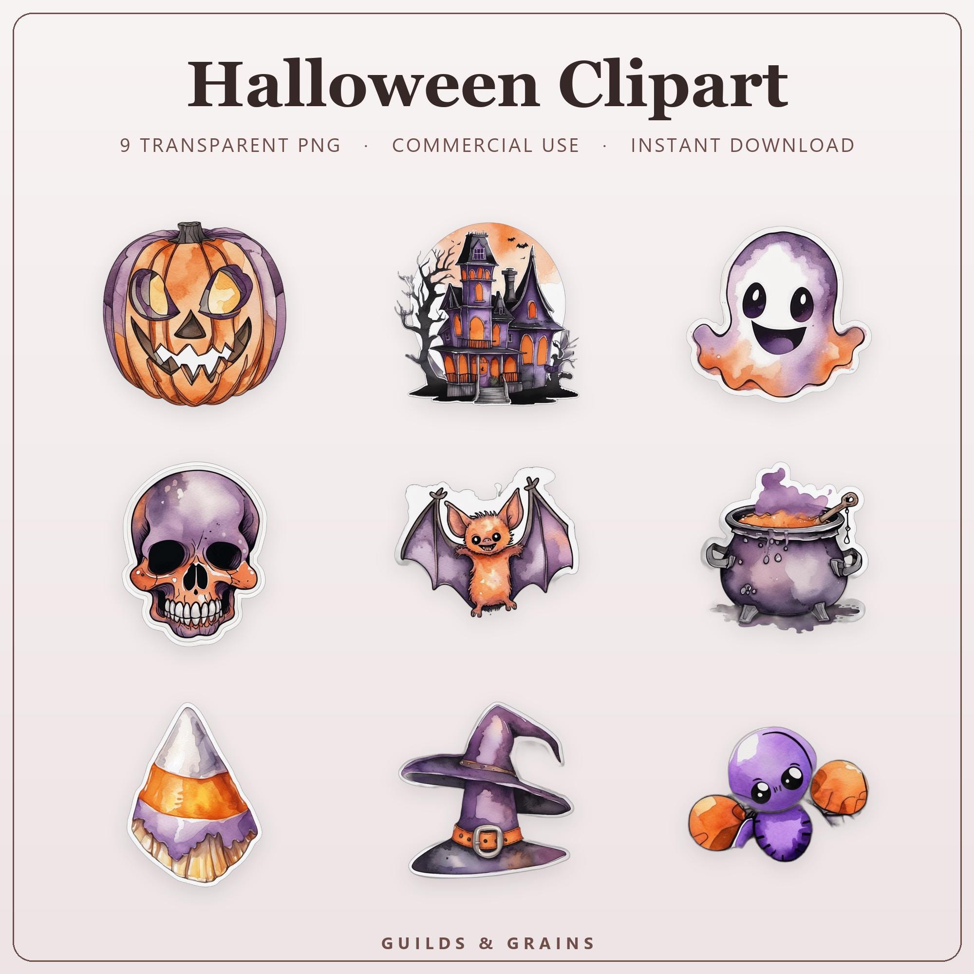 Halloween Clipart PNG Bundle | 9 Transparent Clipart Graphics | Commercial Use Sublimation