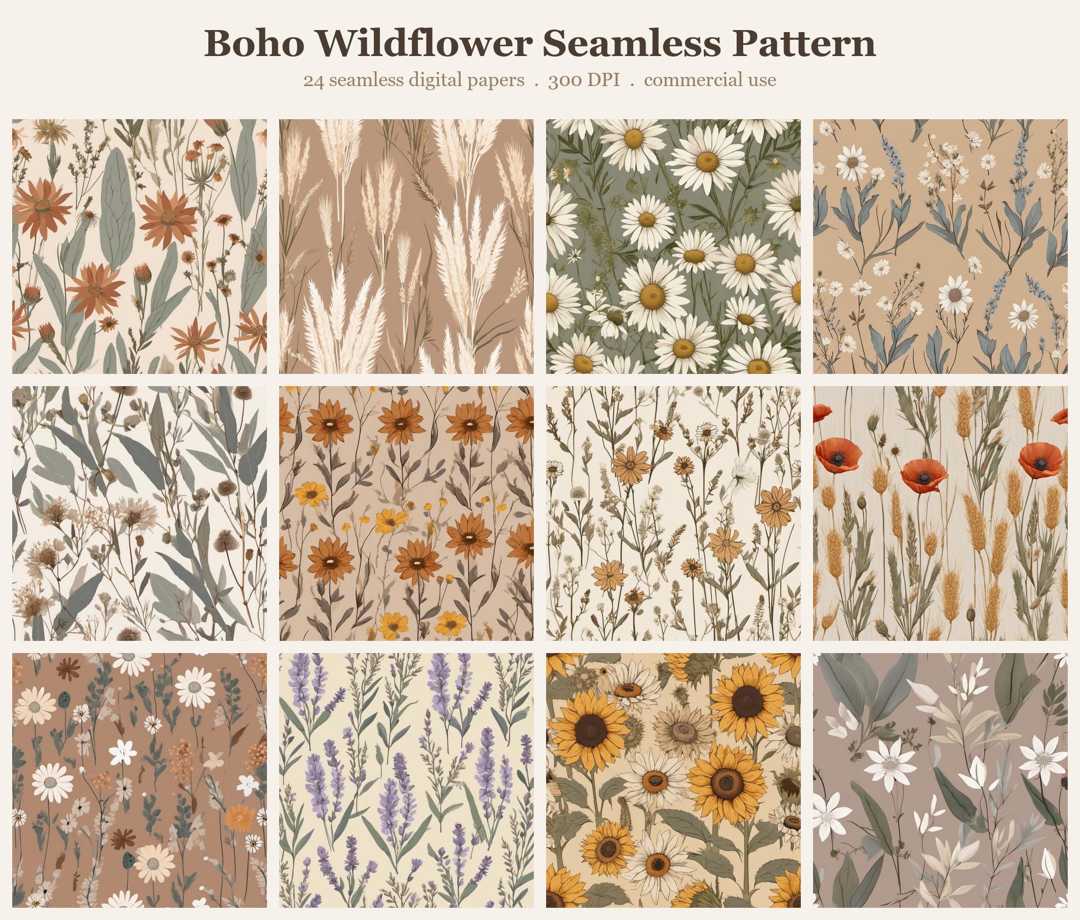 Boho Wildflower Seamless Pattern Bundle, Seamless Digital Paper, Sublimation Tumbler Wrap PNG, Designs Commercial Use