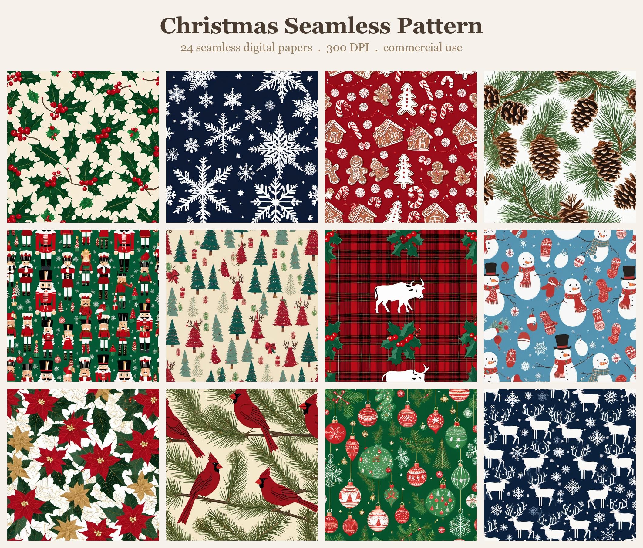 Christmas Seamless Pattern Bundle, Seamless Digital Paper, Sublimation Tumbler Wrap PNG, Designs Commercial Use