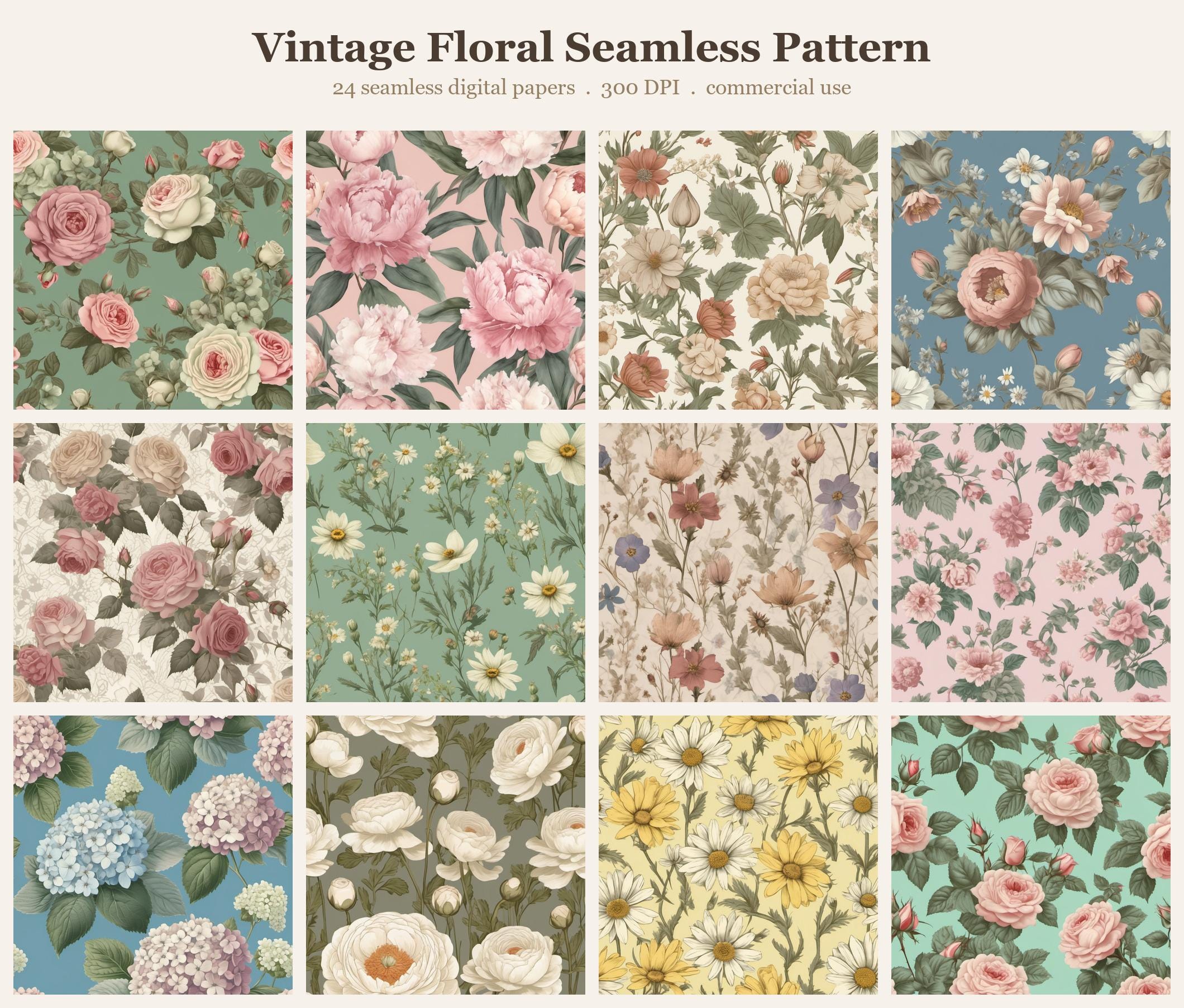 Vintage Floral Seamless Pattern Bundle, Seamless Digital Paper, Sublimation Tumbler Wrap PNG, Designs Commercial Use