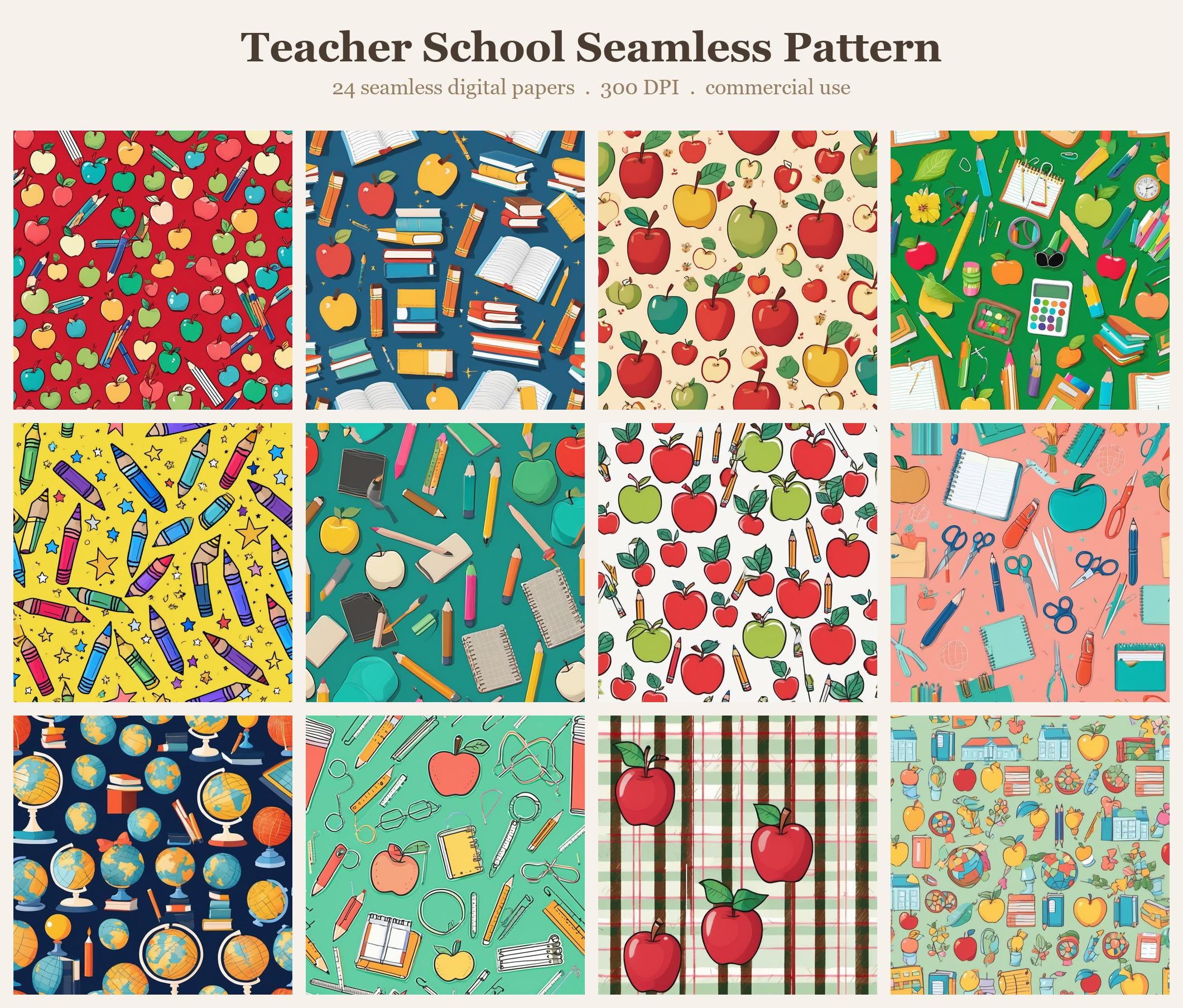 Teacher School Seamless Pattern Bundle, Seamless Digital Paper, Sublimation Tumbler Wrap PNG, Designs Commercial Use