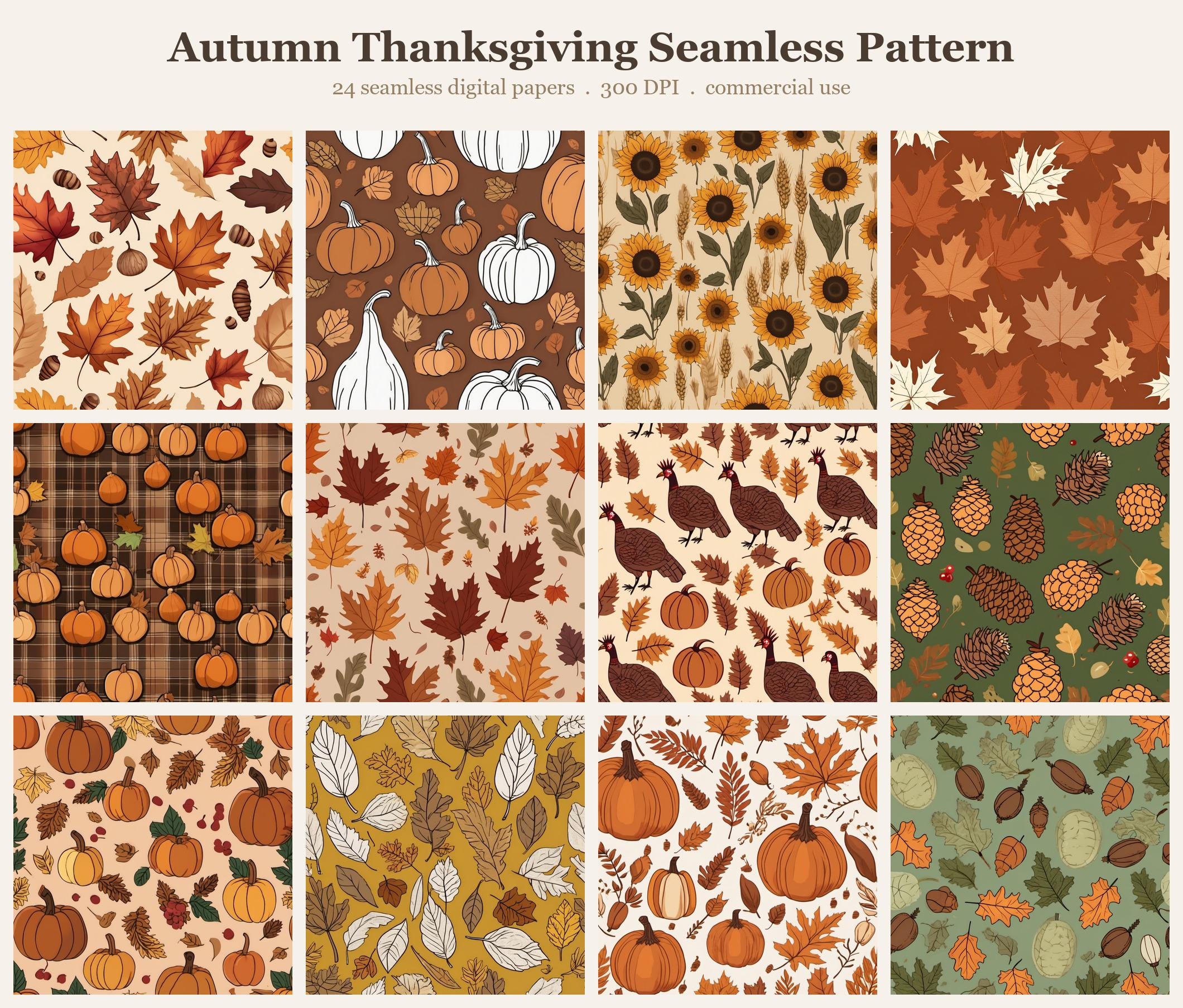 Autumn Thanksgiving Seamless Pattern Bundle, Seamless Digital Paper, Sublimation Tumbler Wrap PNG, Designs Commercial Use