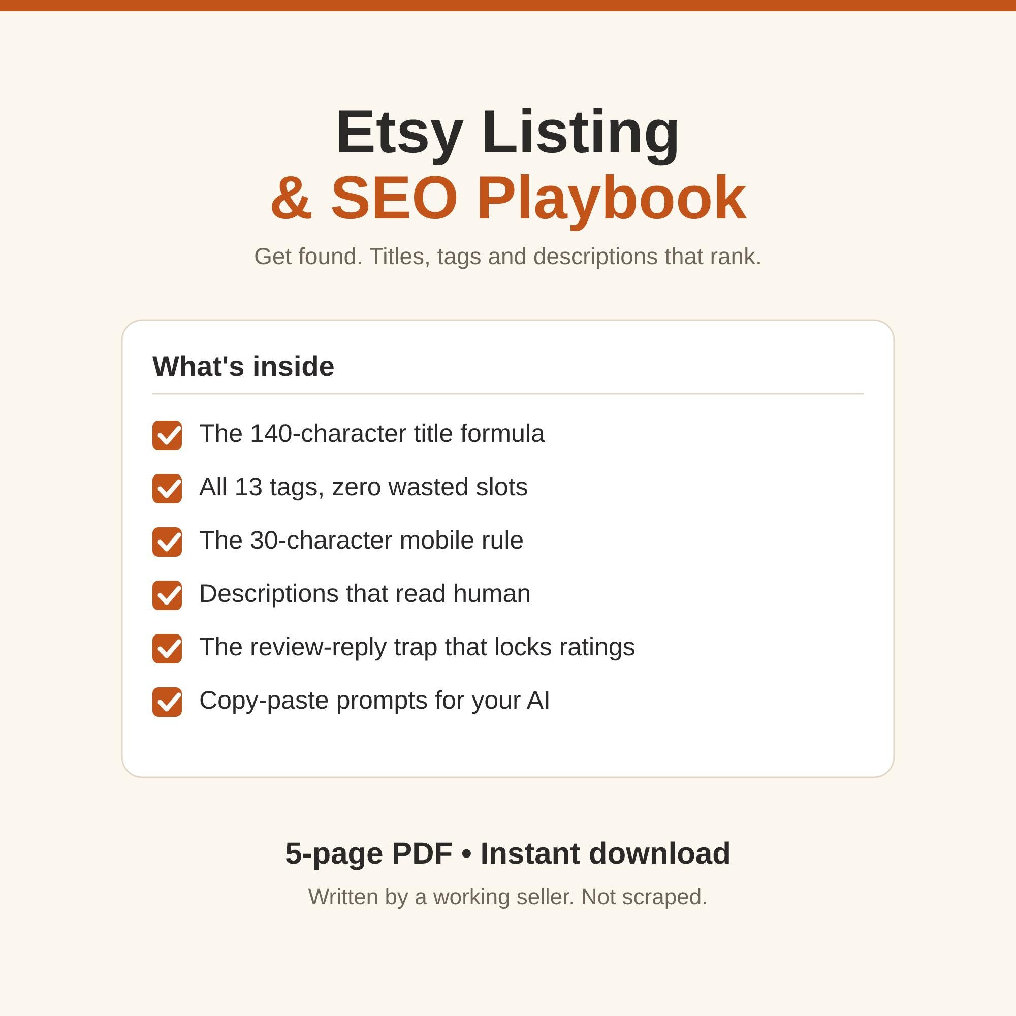 Etsy SEO Guide, Listing Title and Tag Help, Printable Seller Playbook PDF for Etsy Shop Sellers