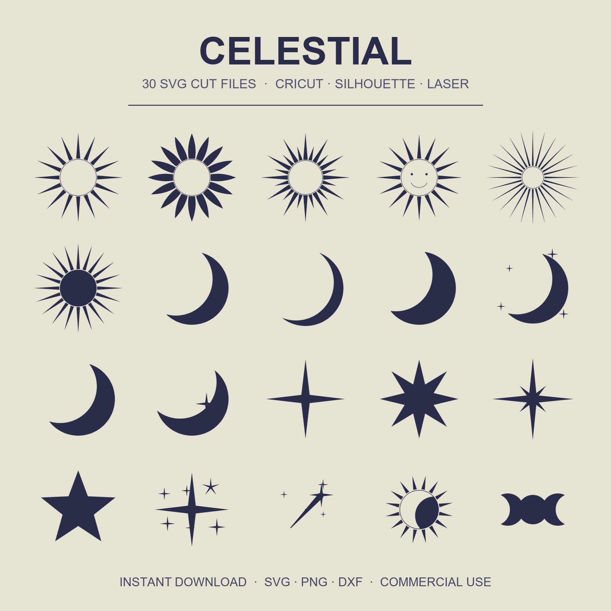 Celestial SVG Bundle | 30 Sun Moon Star Cut Files | Moon Phase Boho Celestial | Mystical W