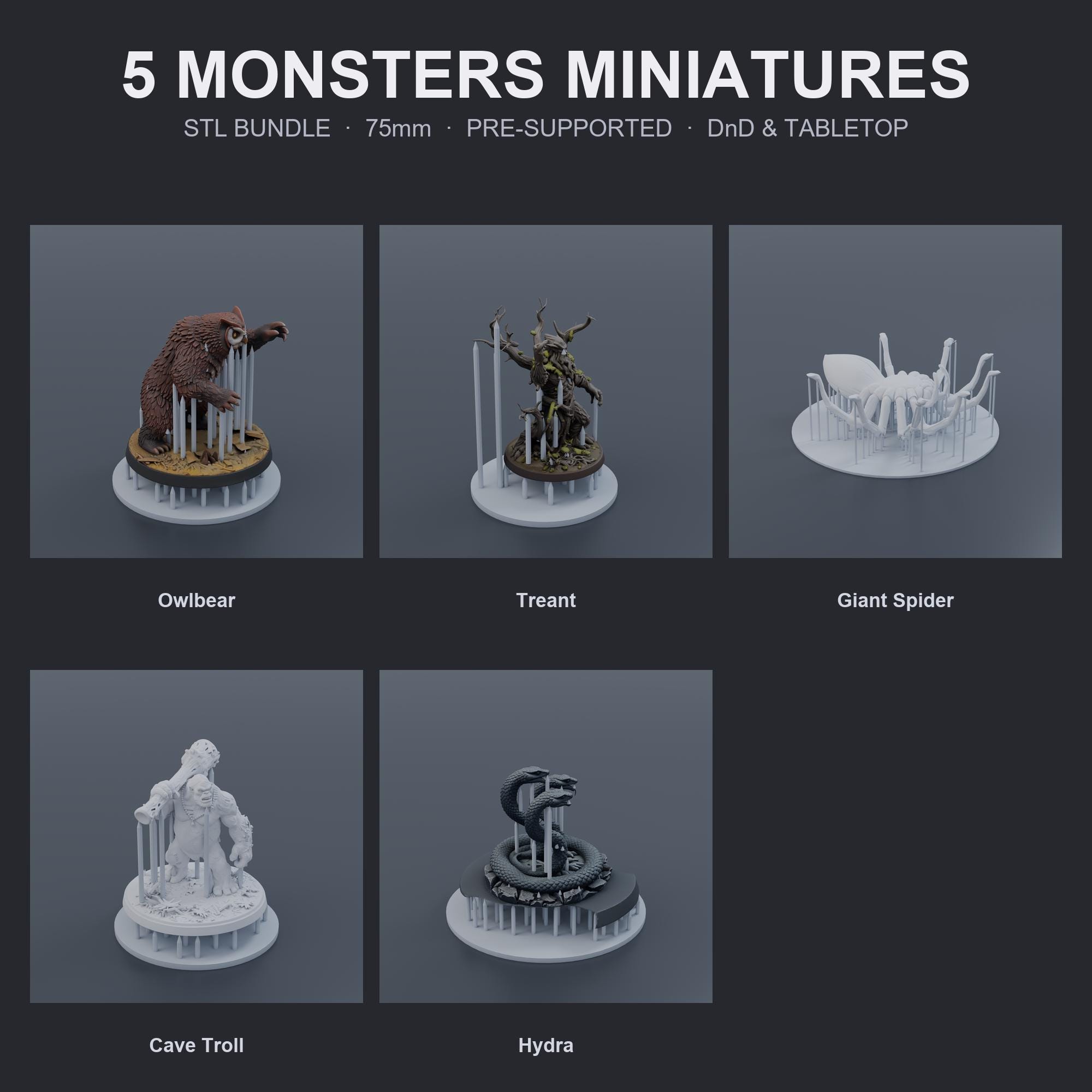 Monster Miniatures STL Bundle | 5 Beasts & Creatures | 75mm Pre-Supported | Tabletop RPG R