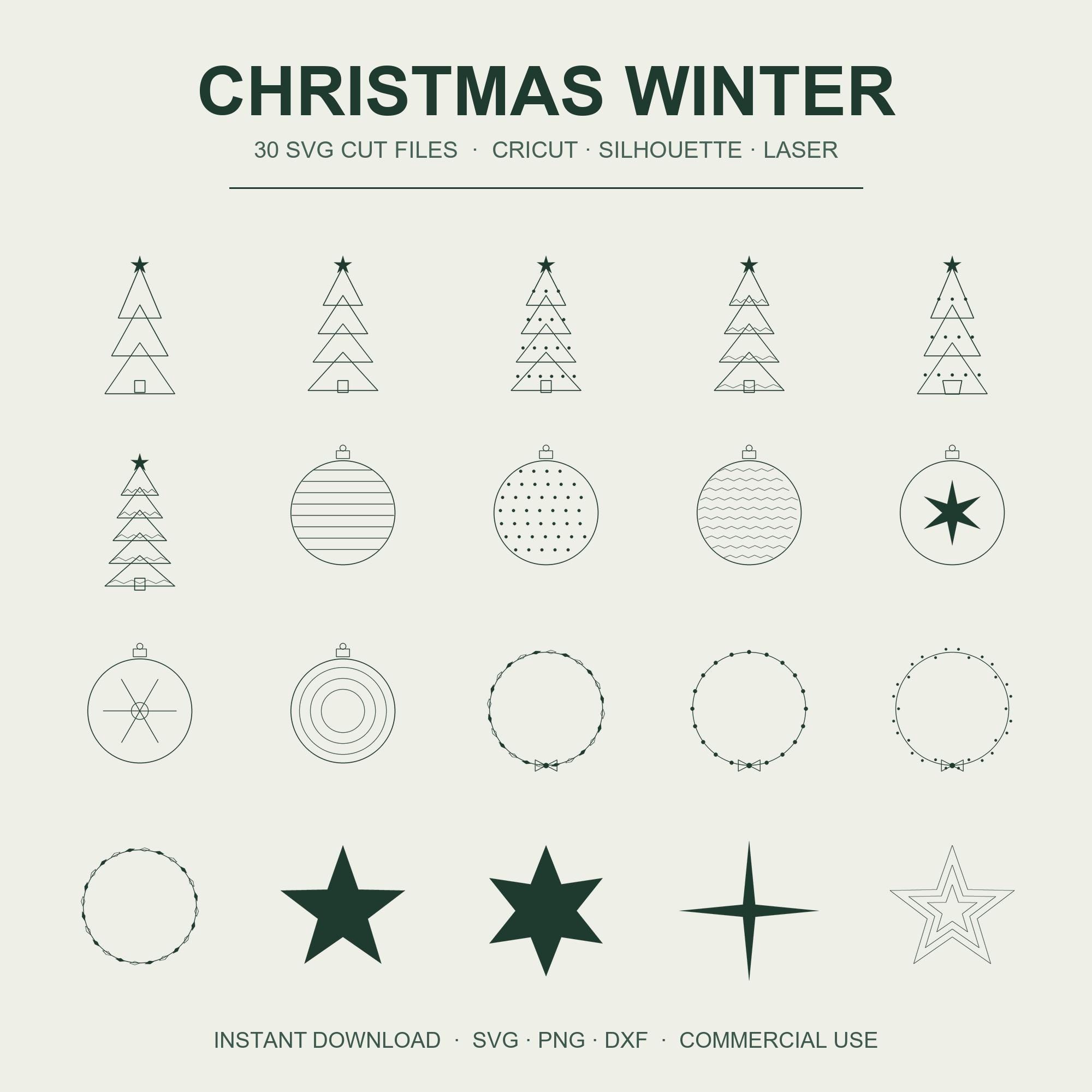 Christmas SVG Bundle | 30 Winter Holiday Cut Files | Tree Ornament Snowflake | Cricut Lase