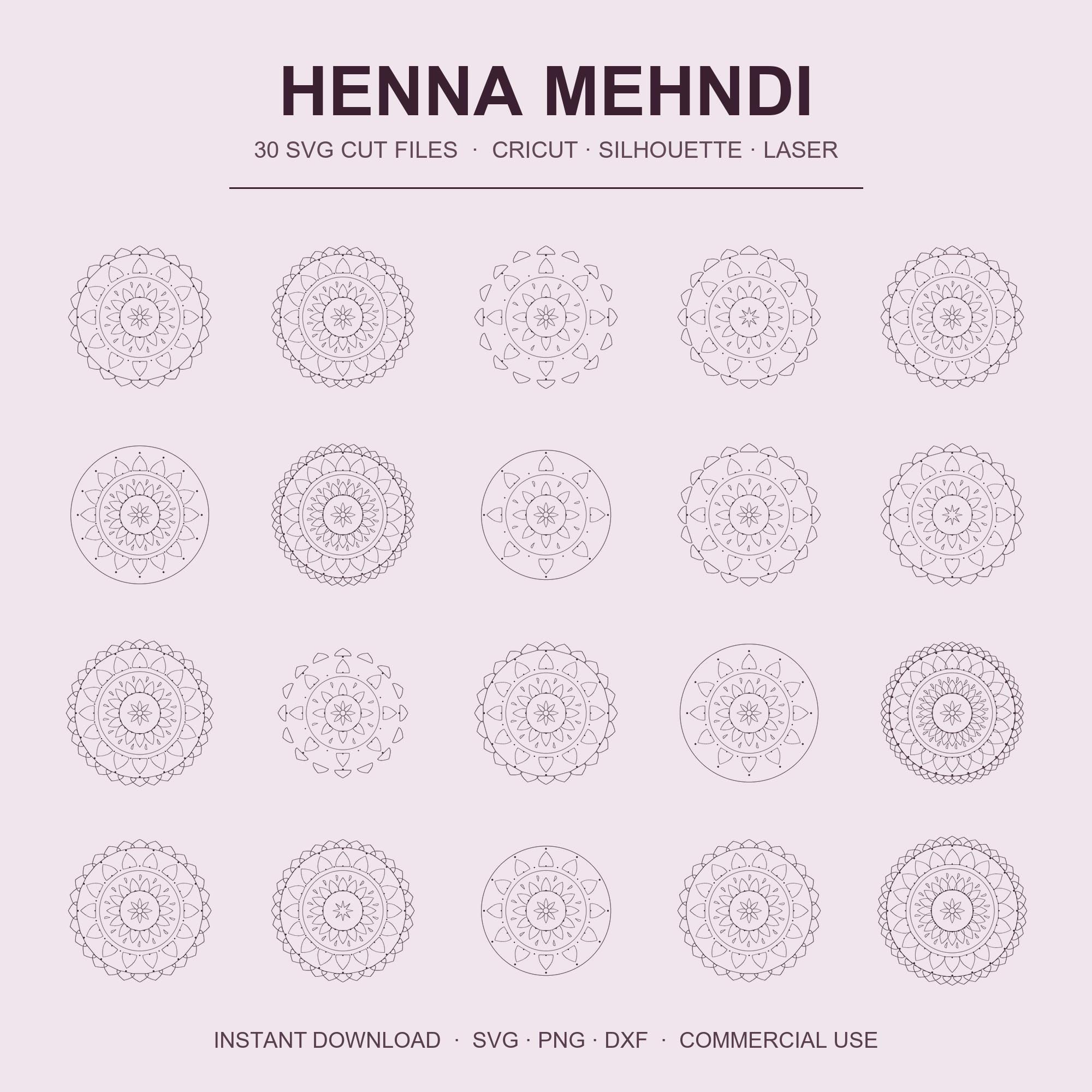 Henna SVG Bundle | 30 Mehndi Mandala Cut Files | Cricut Boho Wedding Laser Cut | Indian He
