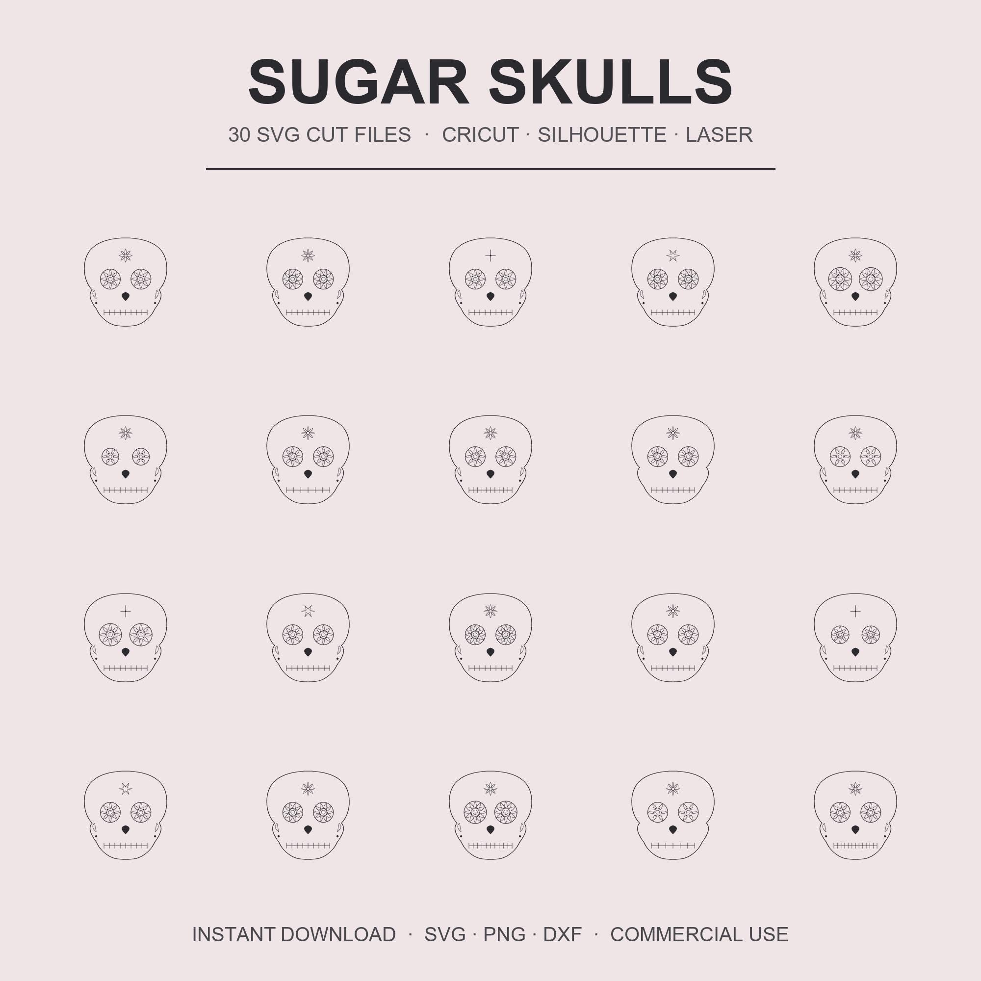 Sugar Skull SVG Bundle | 30 Day of the Dead Cut Files | Cricut Dia de los Muertos Laser Cu