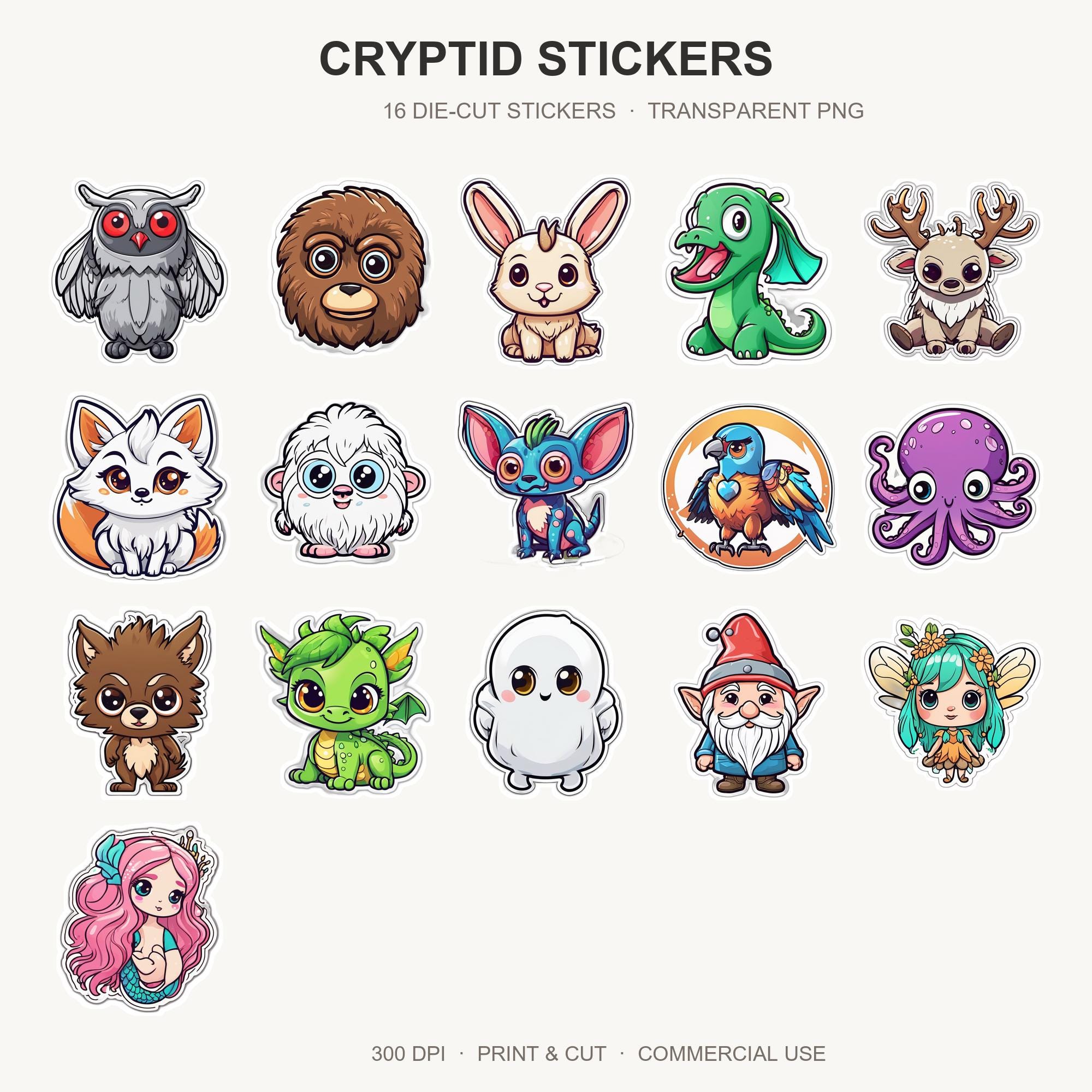Cryptid Stickers | 16 Cute Die Cut Cryptid Png | Mothman Bigfoot Jackalope | Folklore Stic