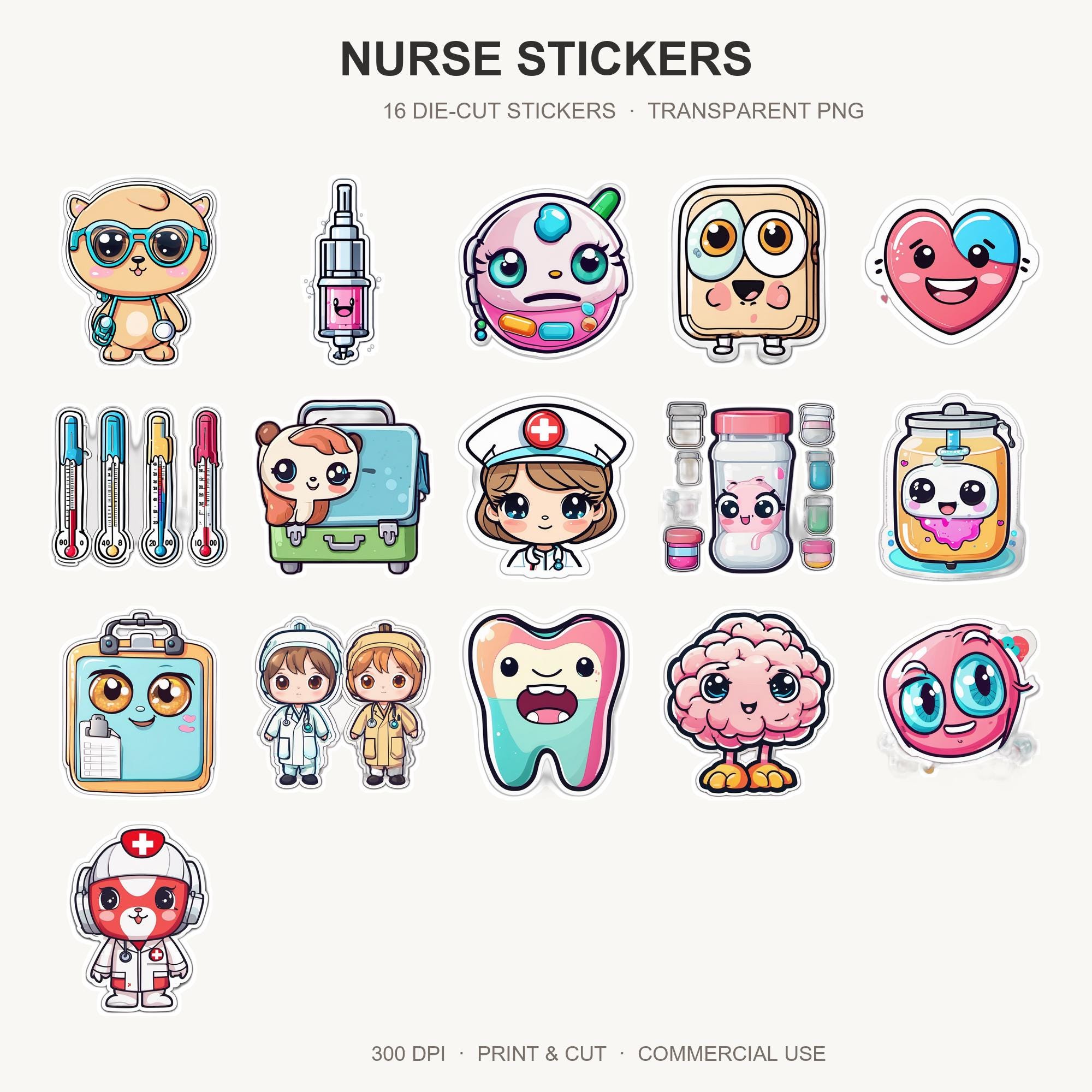 Nurse Stickers | 16 Cute Medical Die Cut Png | Nursing Stethoscope Doctor | Planner Sticke