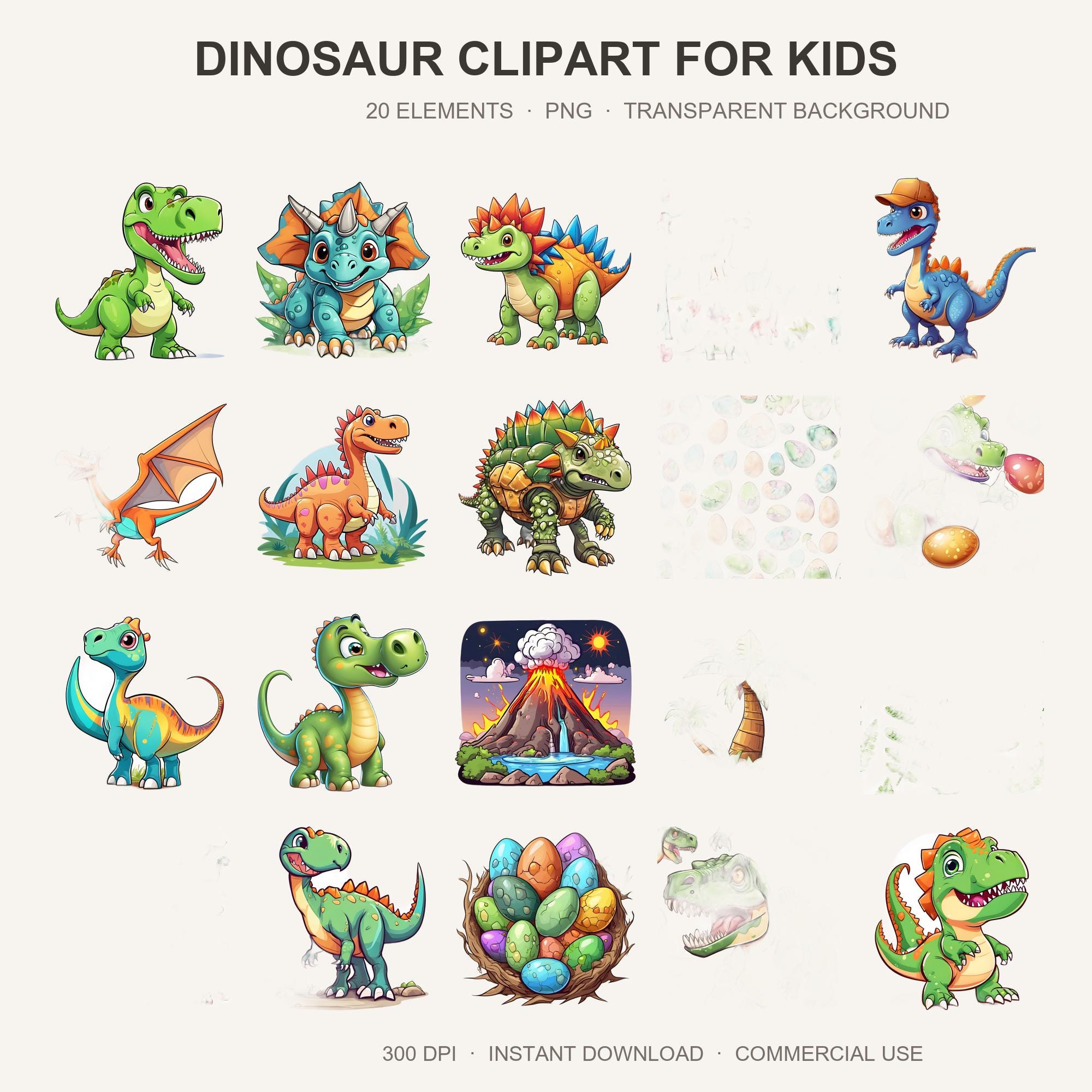 Dinosaur Clipart for Kids | 20 Cute Cartoon Dino PNG | T-Rex Triceratops Sublimation | Tra