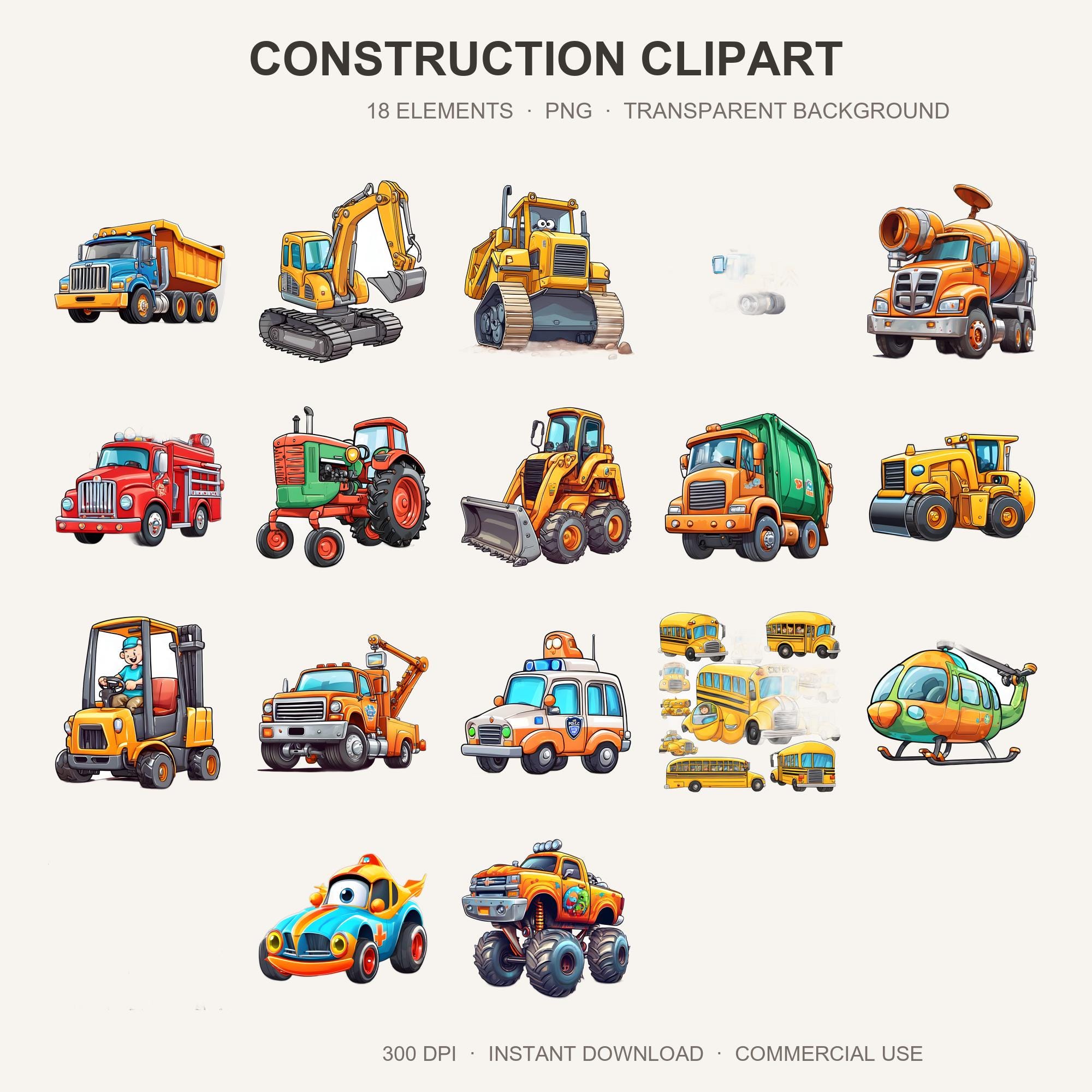 Construction Clipart | 18 Cute Truck PNG for Kids | Digger Excavator Sublimation | Transpa