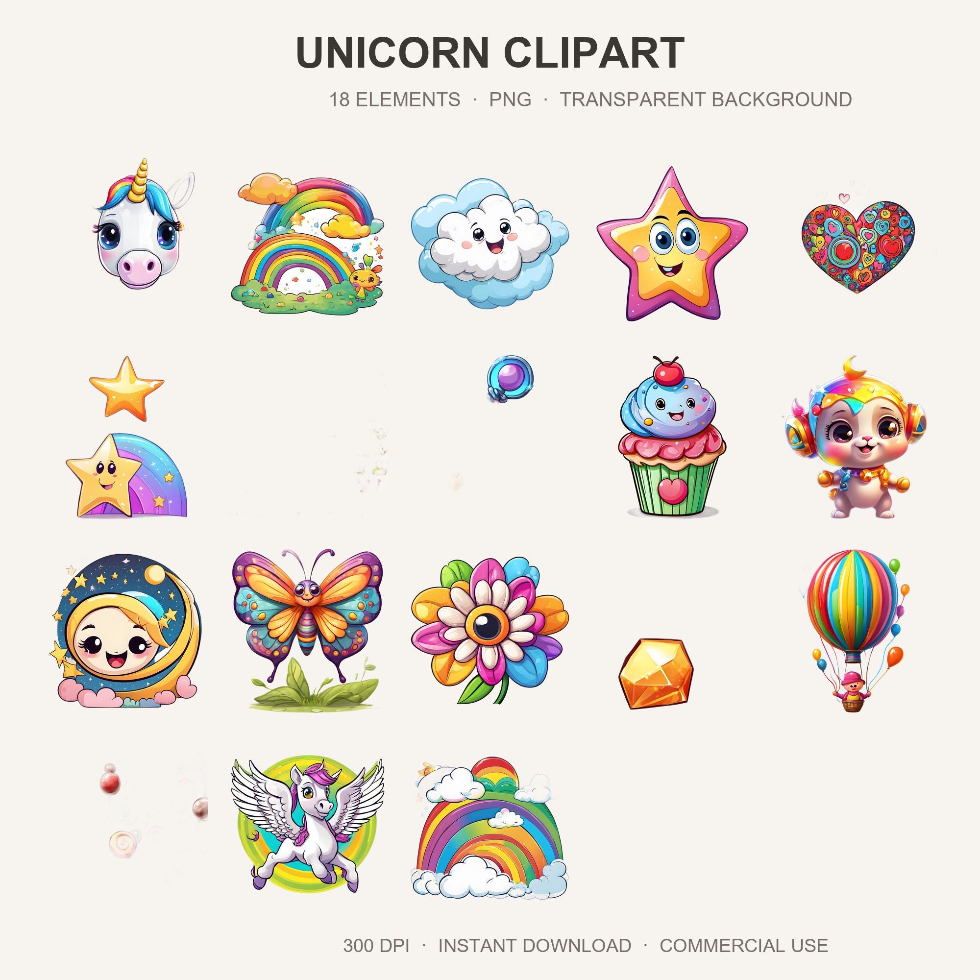 Unicorn Clipart | 18 Cute Rainbow Unicorn PNG for Kids | Magical Sublimation | Transparent