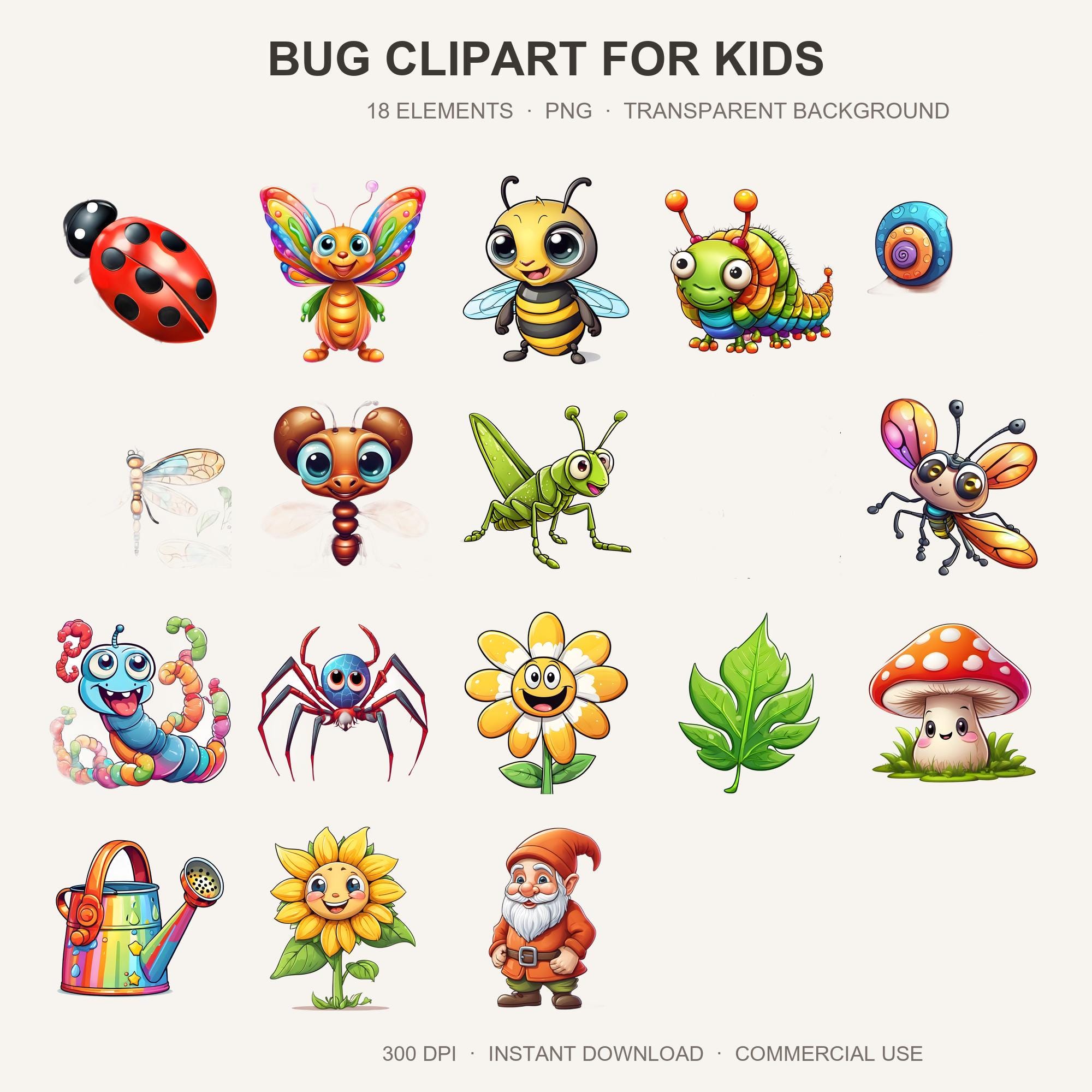 Bug Clipart for Kids | 18 Cute Garden Insect PNG | Ladybug Bee Butterfly Sublimation | Tra
