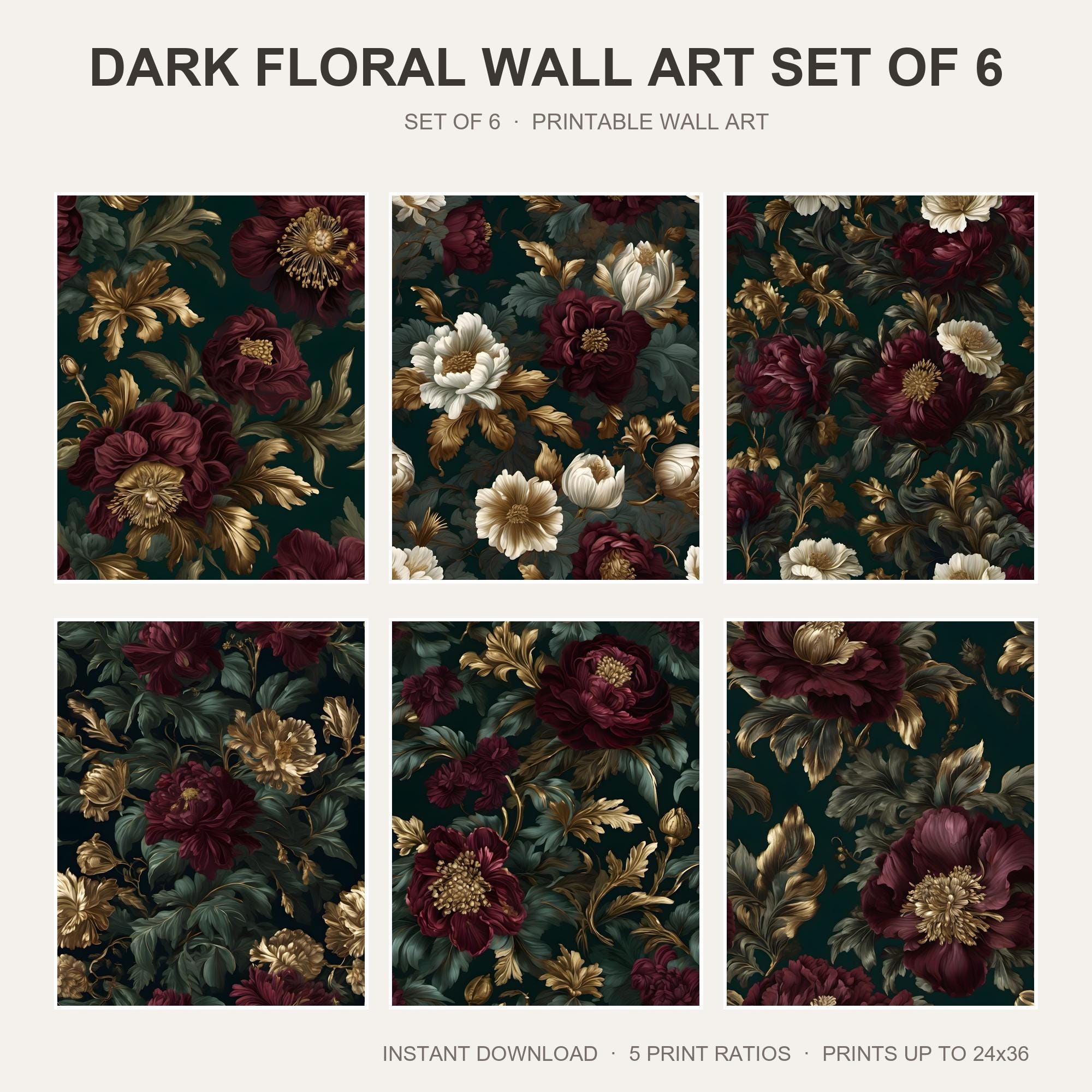 Dark Floral Wall Art Set of 6