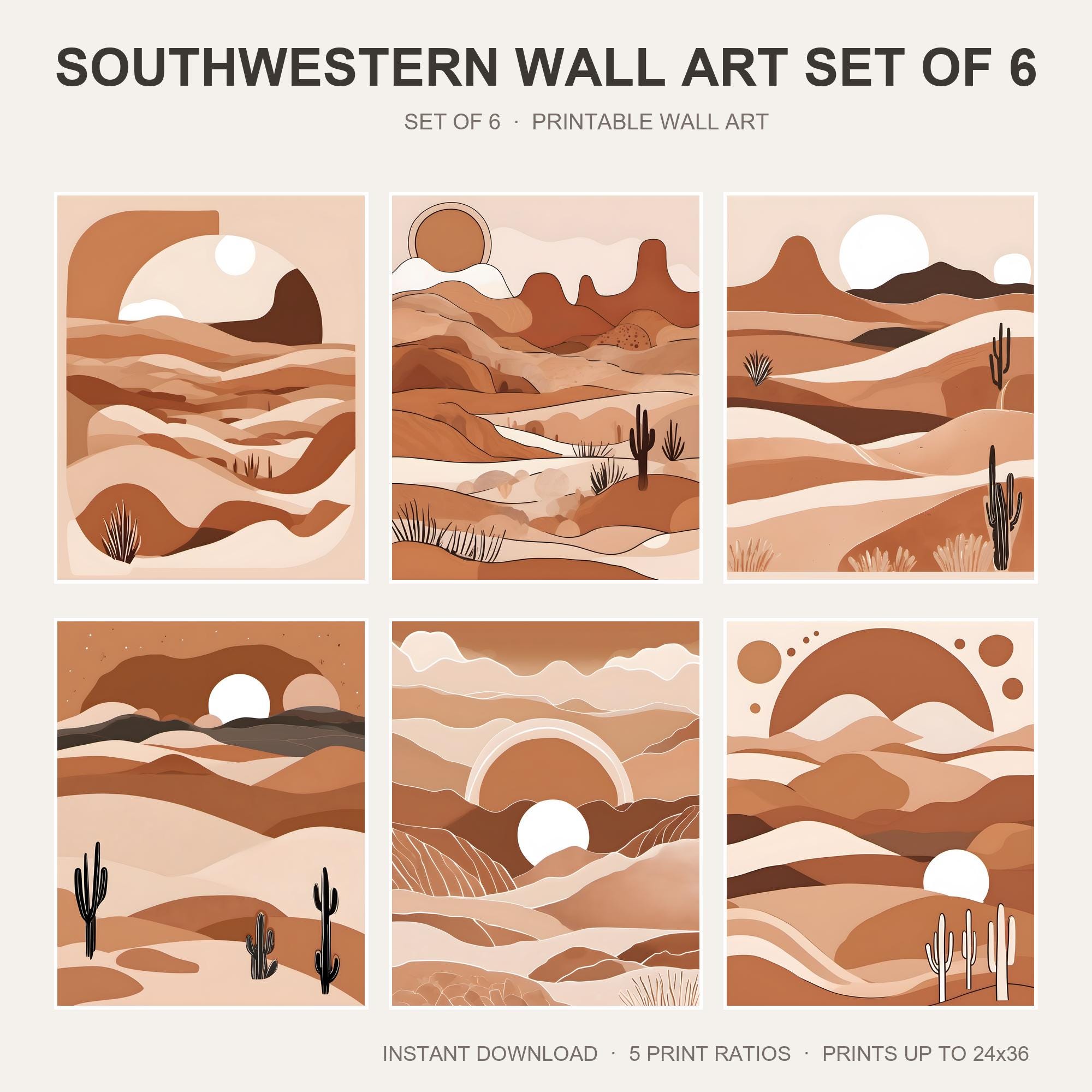 Southwestern Wall Art Set of 6 | Desert Boho Printable Wall Art | Terracotta Abstract Arch