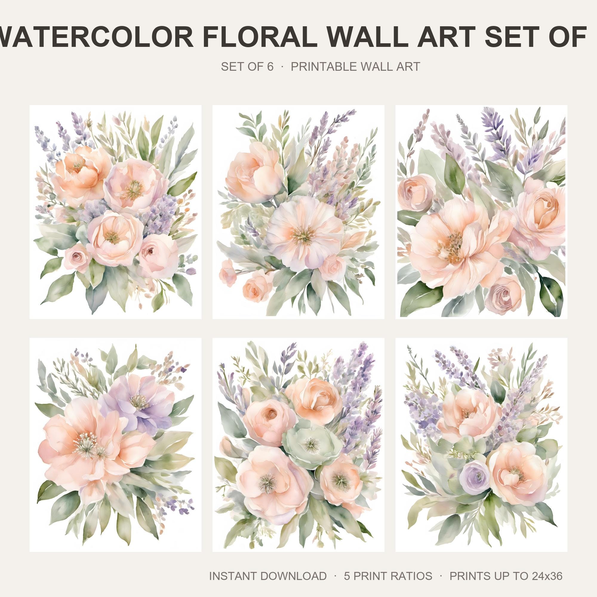 Watercolor Floral Wall Art Set of 6