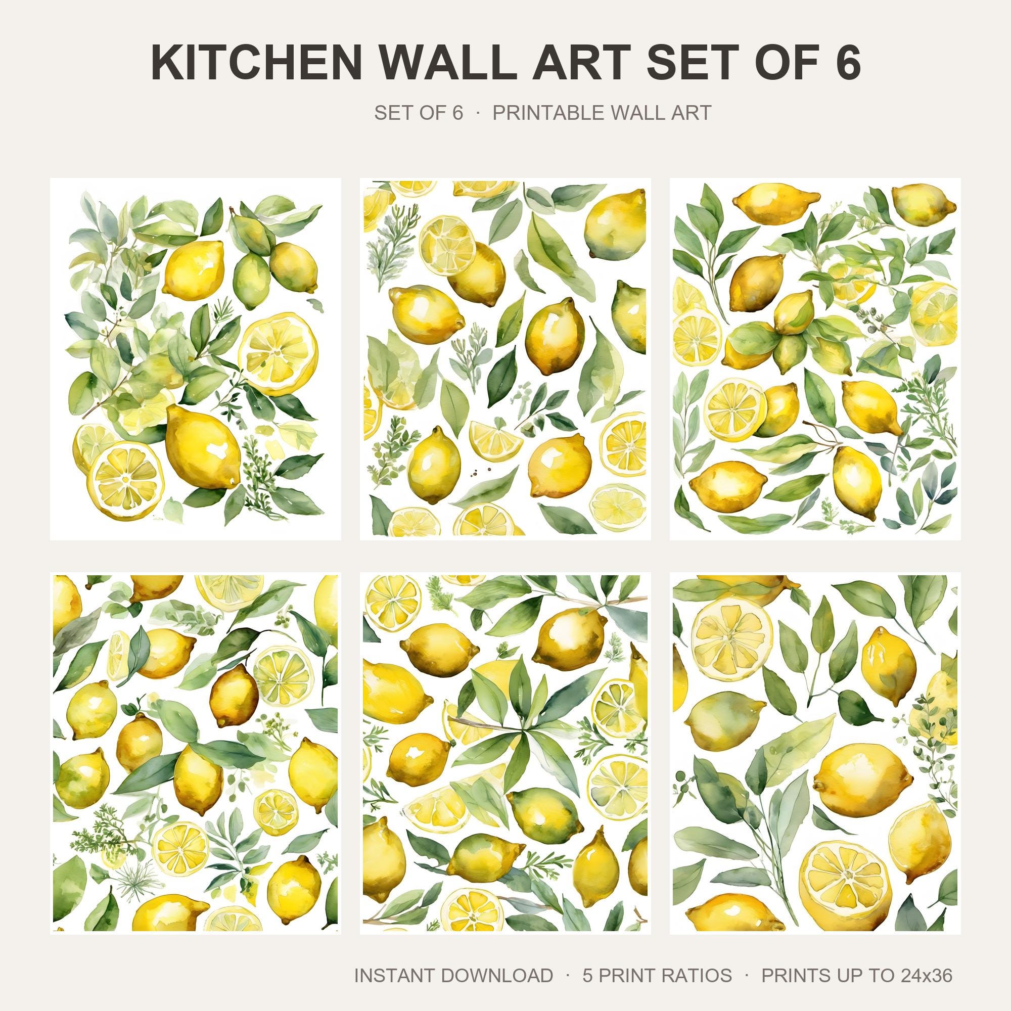 Kitchen Wall Art Set of 6 | Watercolor Lemon Coffee Printable Wall Art | Farmhouse Kitchen