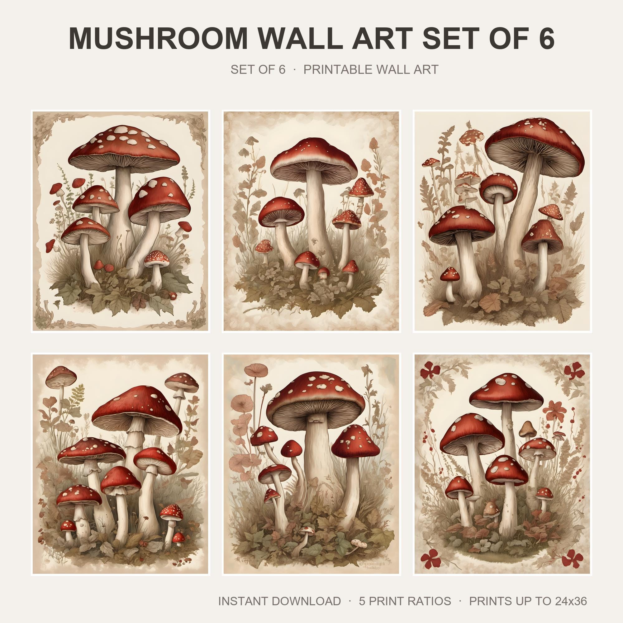 Mushroom Wall Art Set of 6