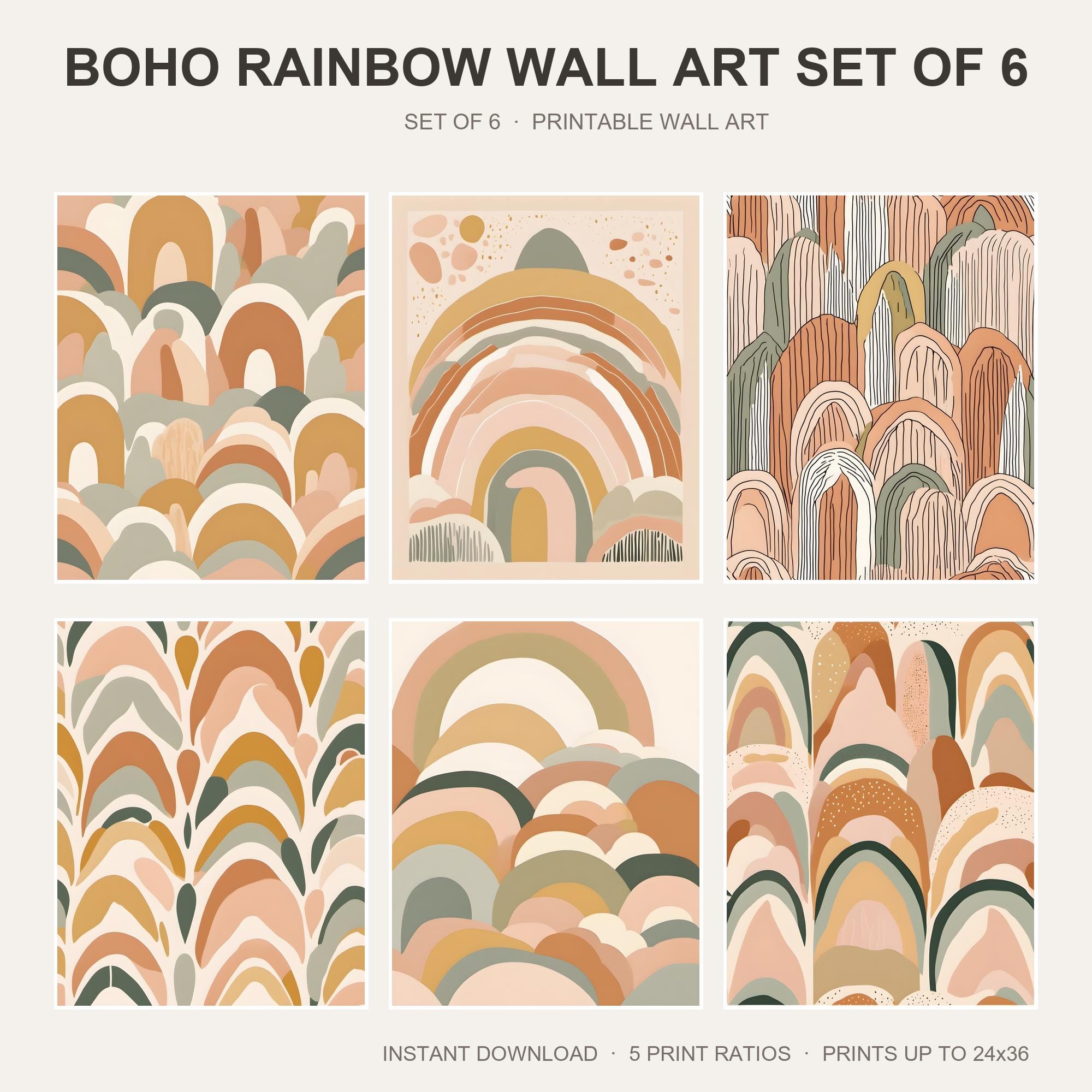 Boho Rainbow Wall Art Set of 6 | Abstract Rainbow Printable Wall Art | Neutral Kids Nurser