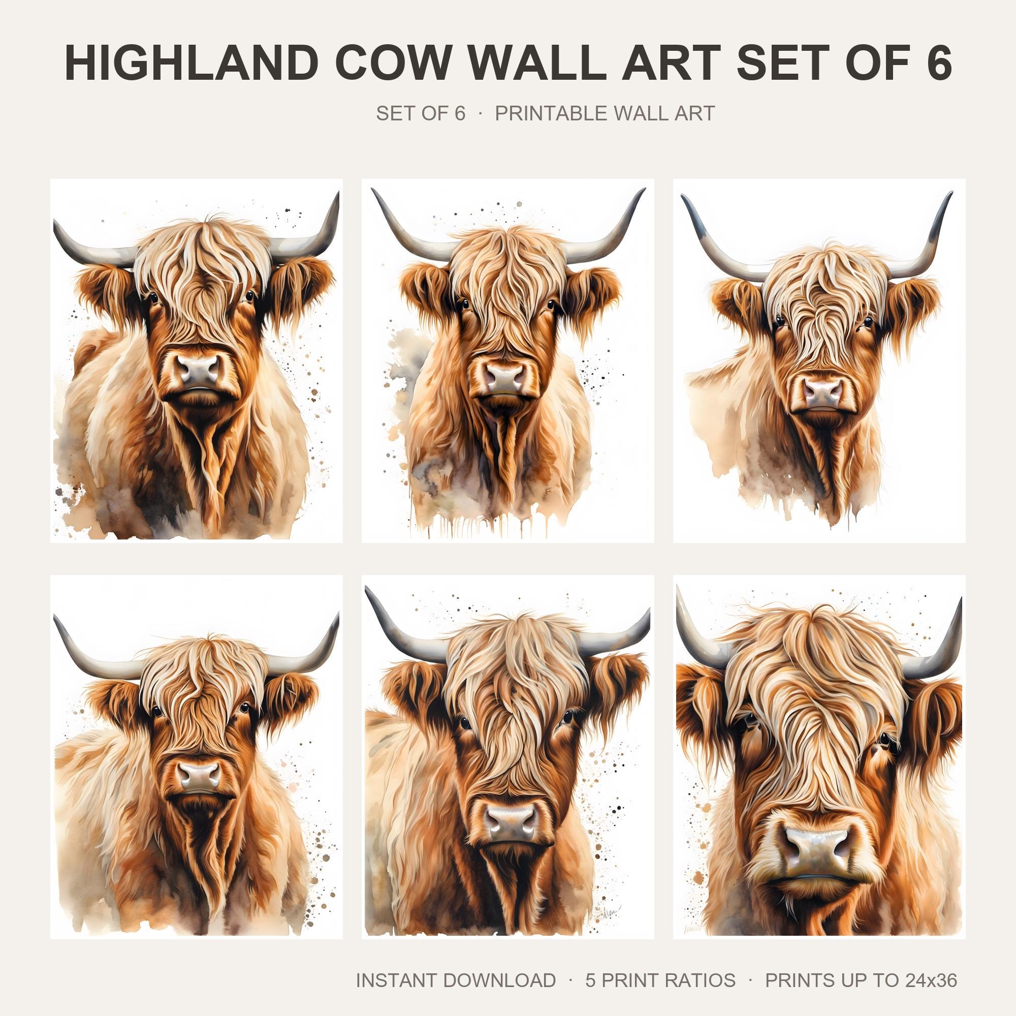 Highland Cow Wall Art Set of 6