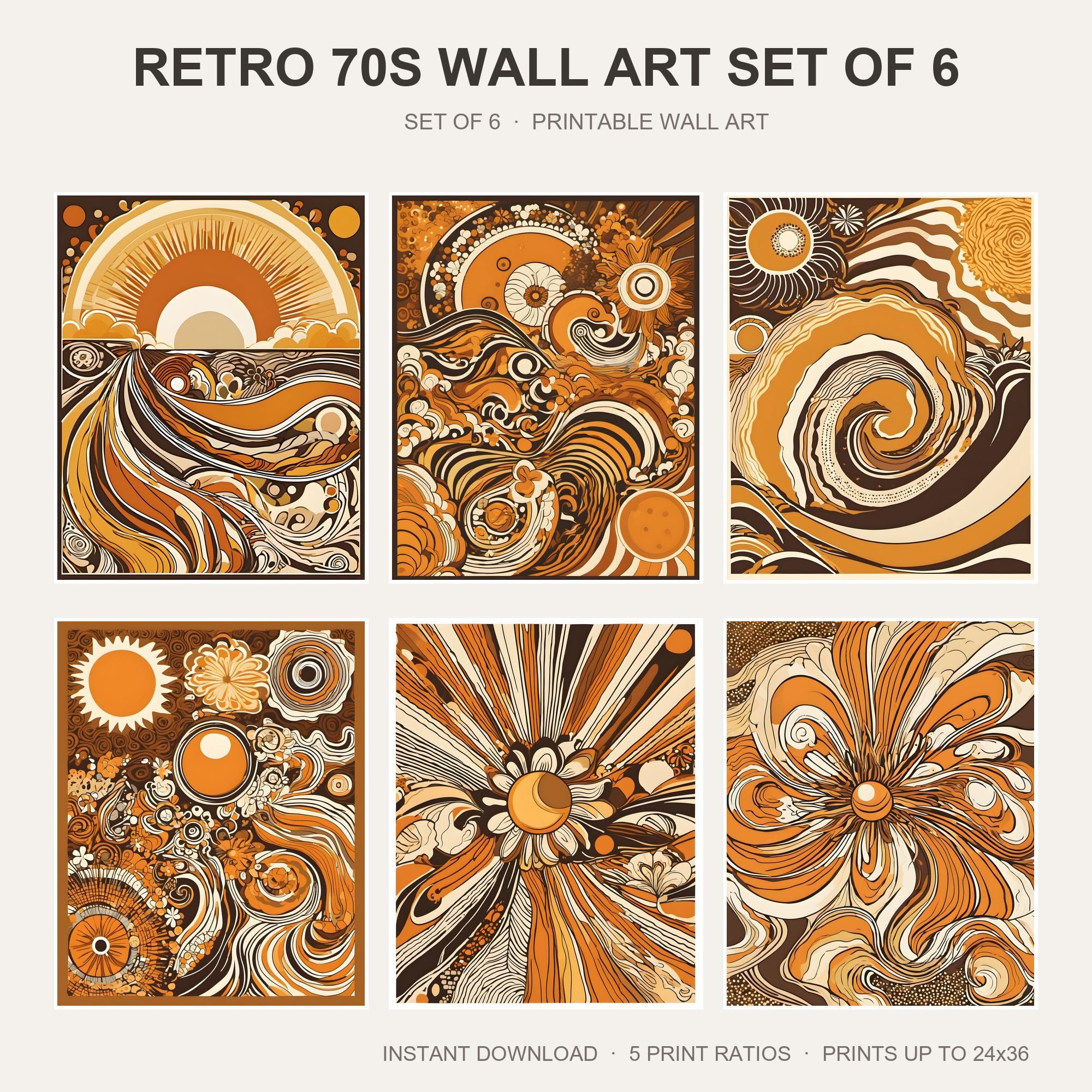 Retro 70s Wall Art Set of 6 | Groovy Boho Printable Wall Art | Vintage Sun Rainbow Funky P