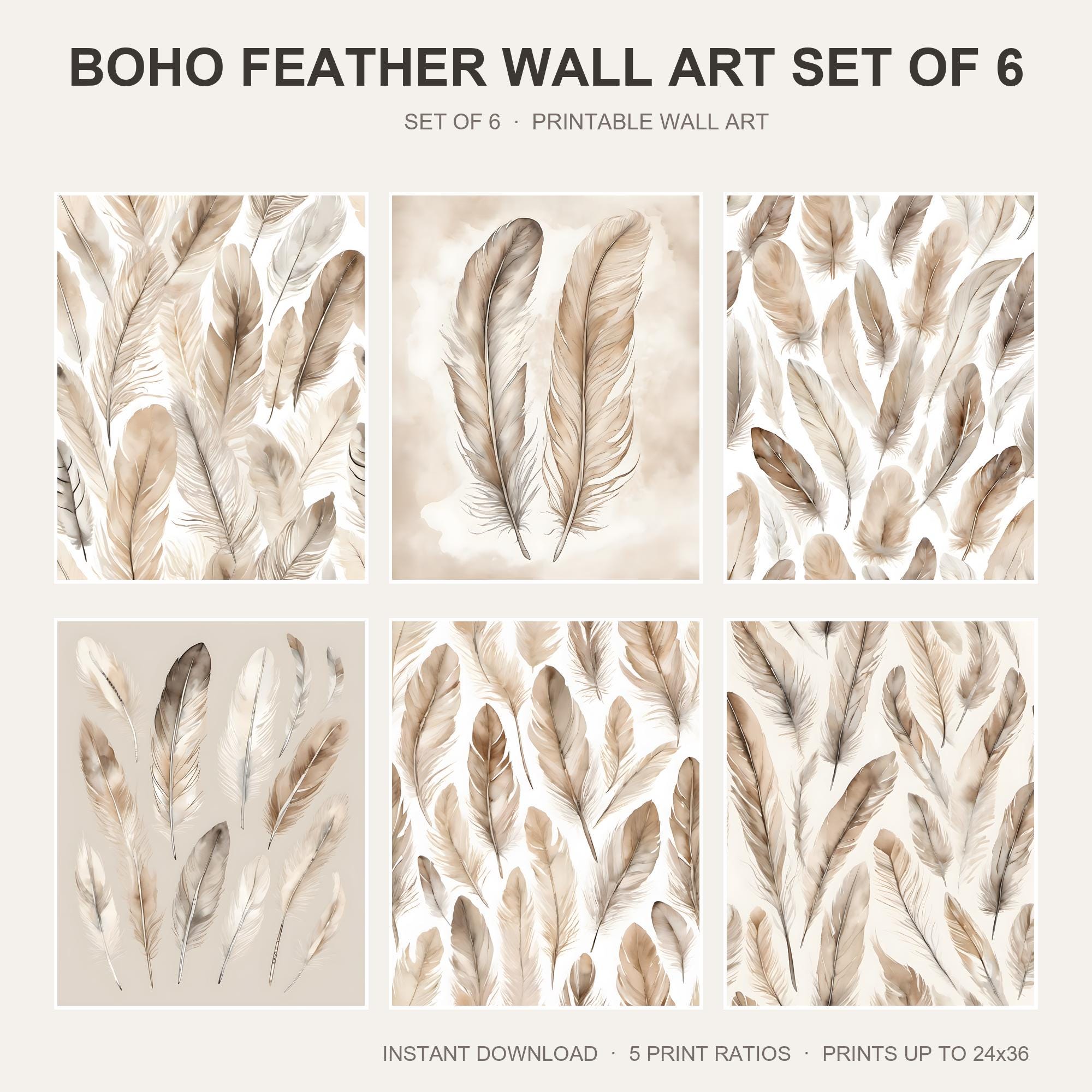 Boho Feather Wall Art Set of 6 | Neutral Minimalist Printable Wall Art | Bohemian Feather