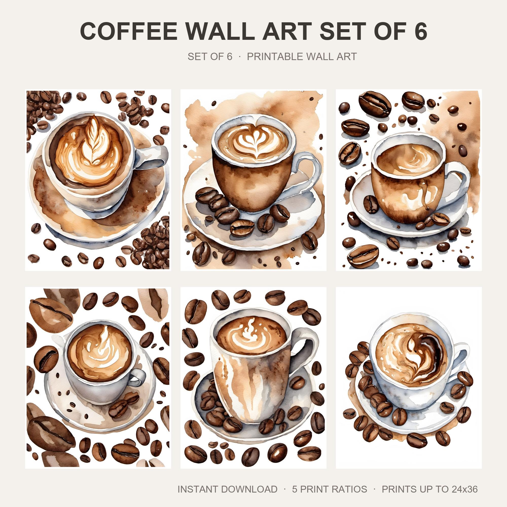 Coffee Wall Art Set of 6 | Watercolor Cafe Printable Wall Art | Kitchen Coffee Bar Prints