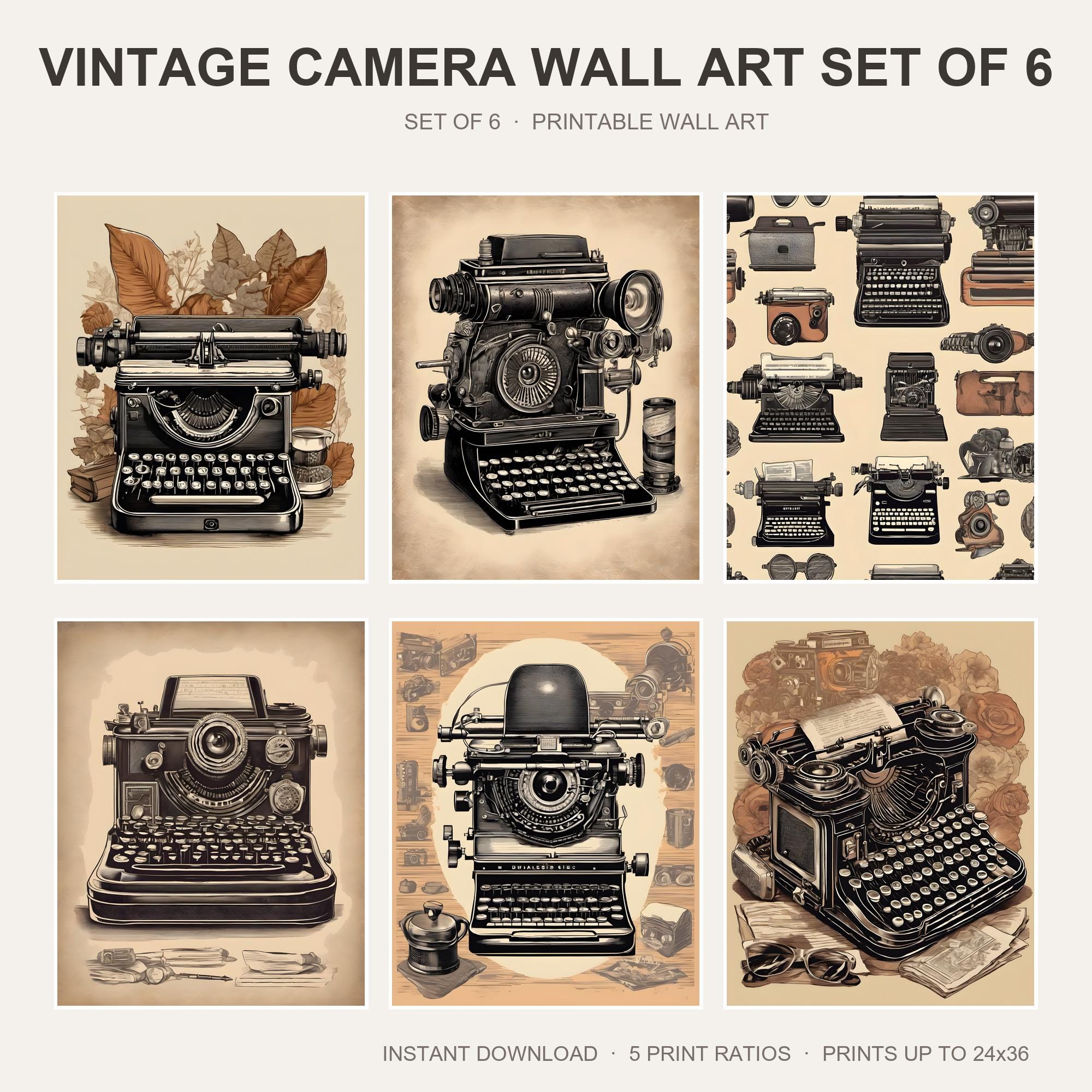 Vintage Camera Wall Art Set of 6 | Retro Object Printable Wall Art | Film Camera Typewrite