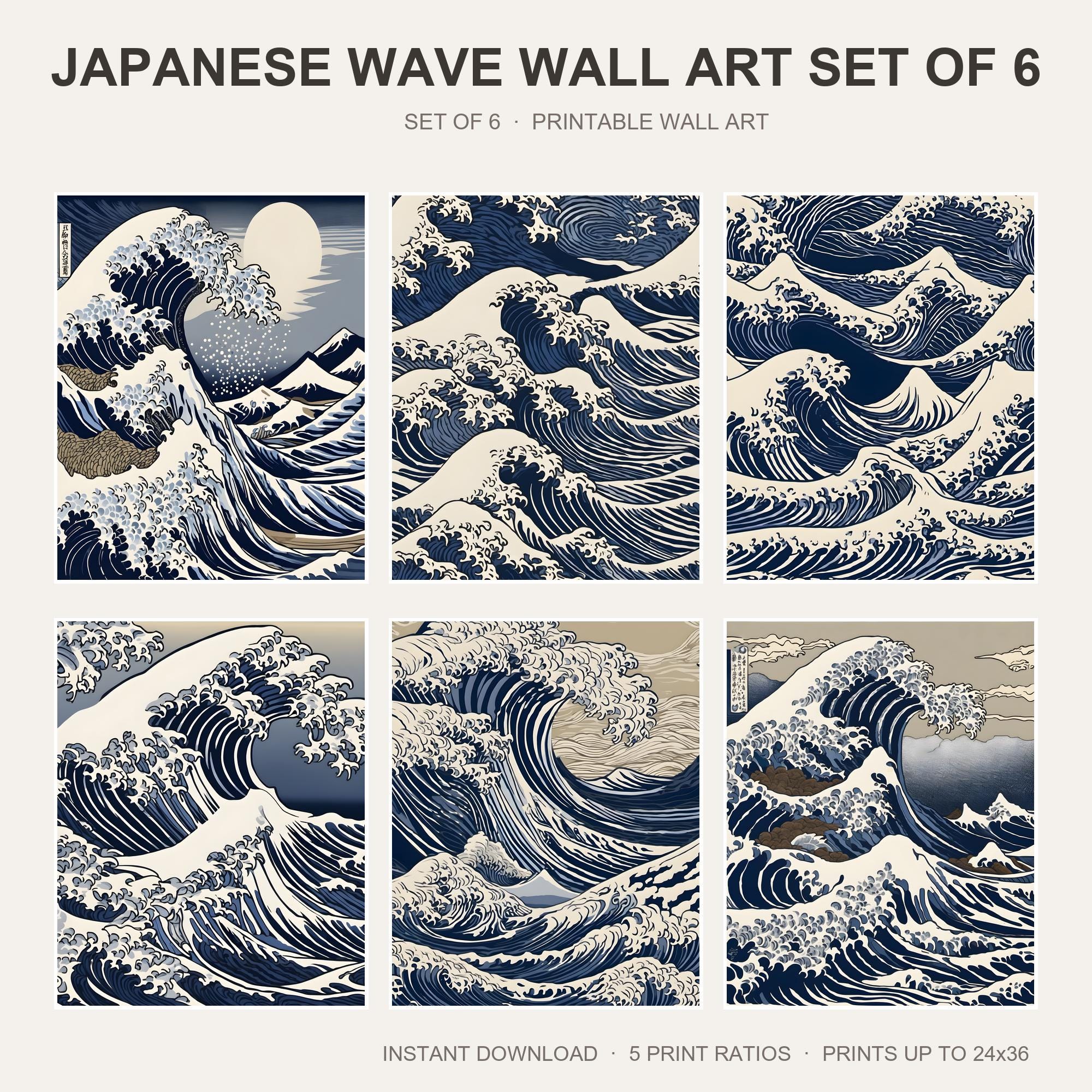 Japanese Wave Wall Art Set of 6