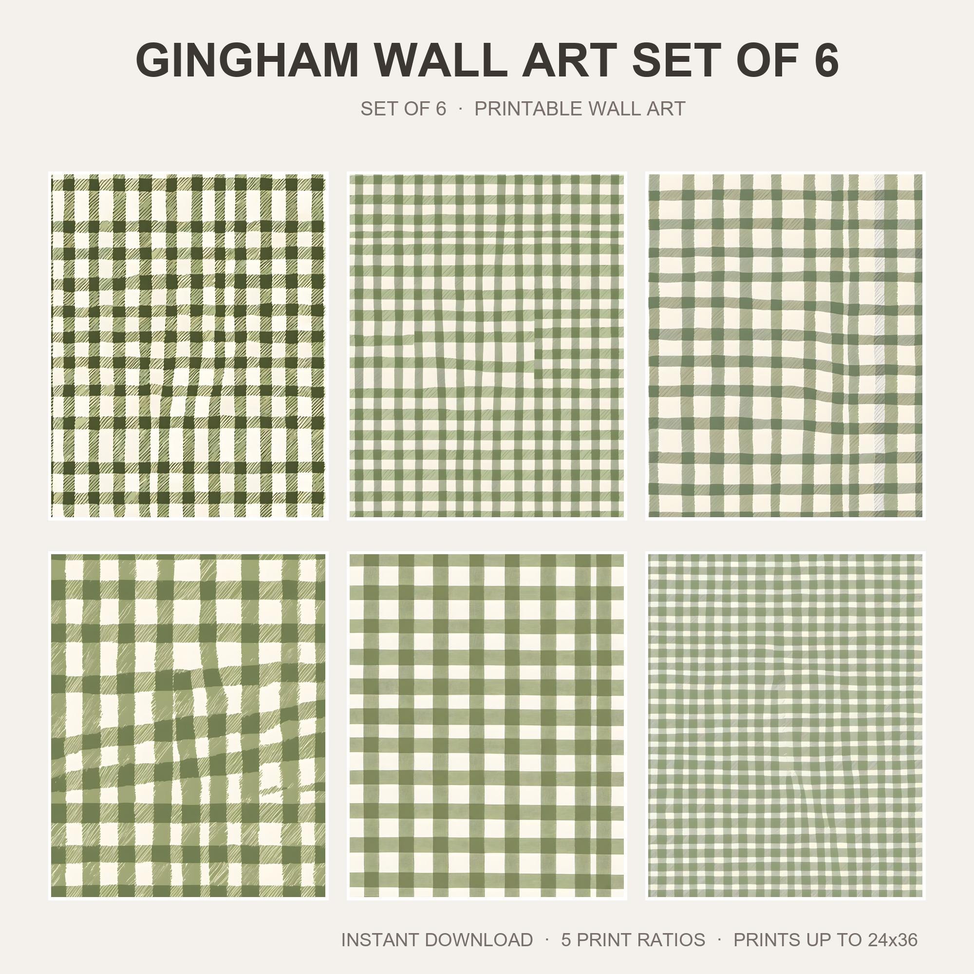 Gingham Wall Art Set of 6 | Preppy Pattern Printable Wall Art | Sage Green Cottage Prints