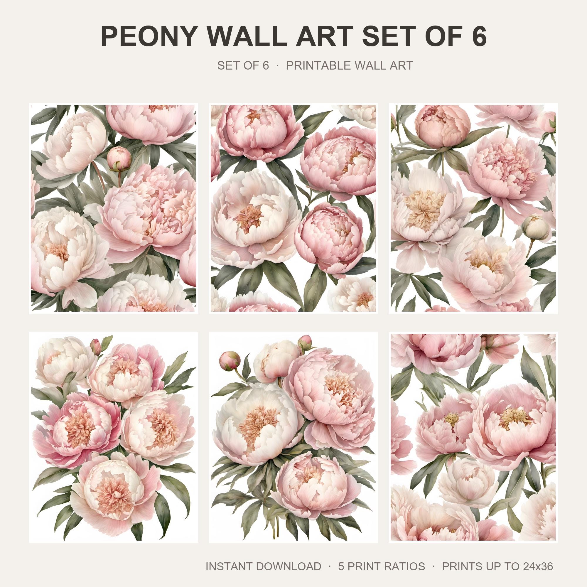 Peony Wall Art Set of 6 | Watercolor Floral Printable Wall Art | Blush Pink Romantic Print
